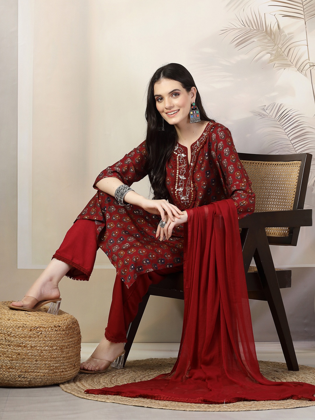 

Nayam By Lakshita Floral Printed Sequinned Straight Kurta with Trousers & Dupatta, Red