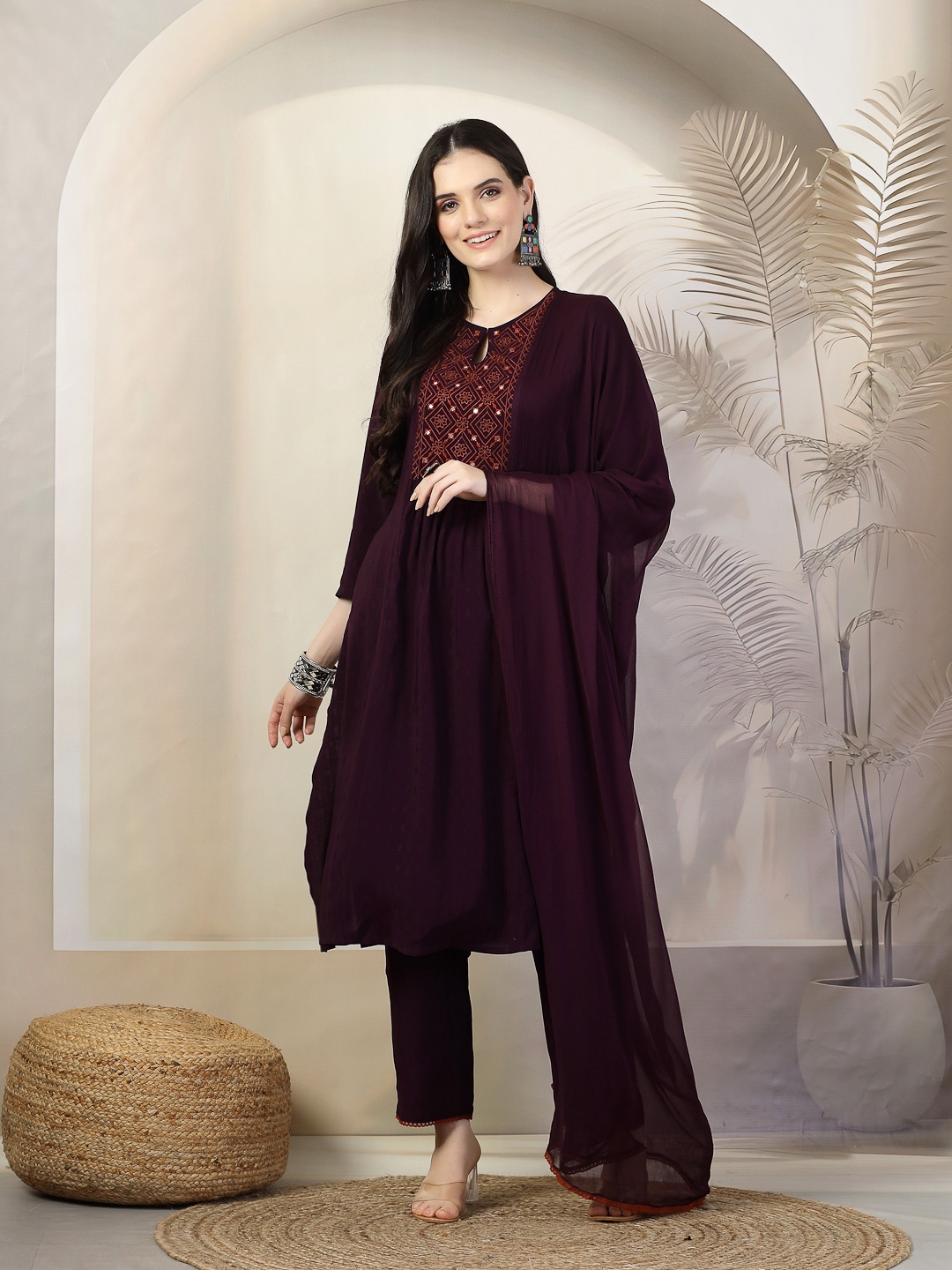 

Nayam By Lakshita Floral Yoke Design A-Line Kurta With Palazzos & Dupatta, Purple