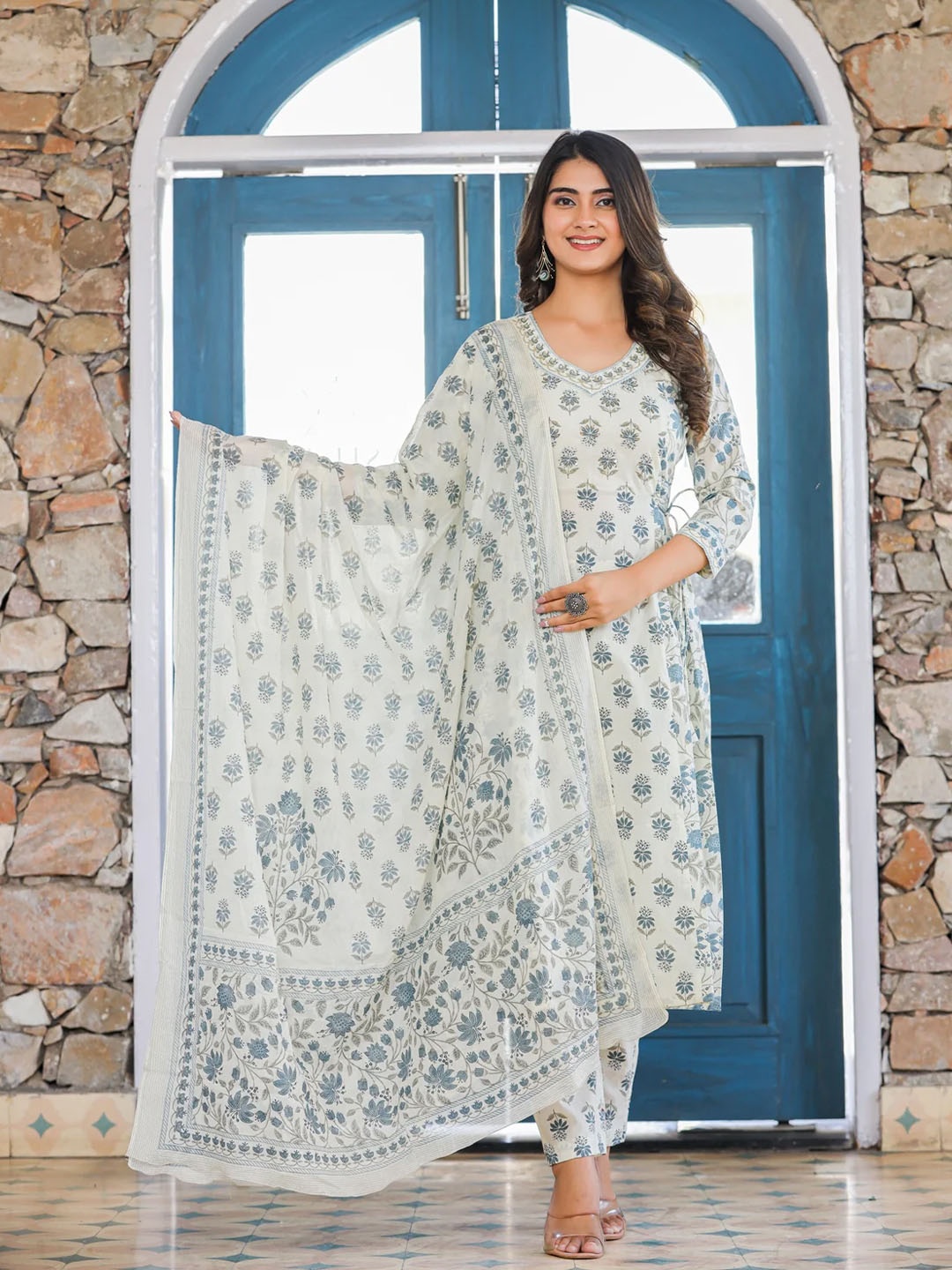 

KALINI Floral Printed V-Neck Straight Kurta With Trousers & Dupatta, White