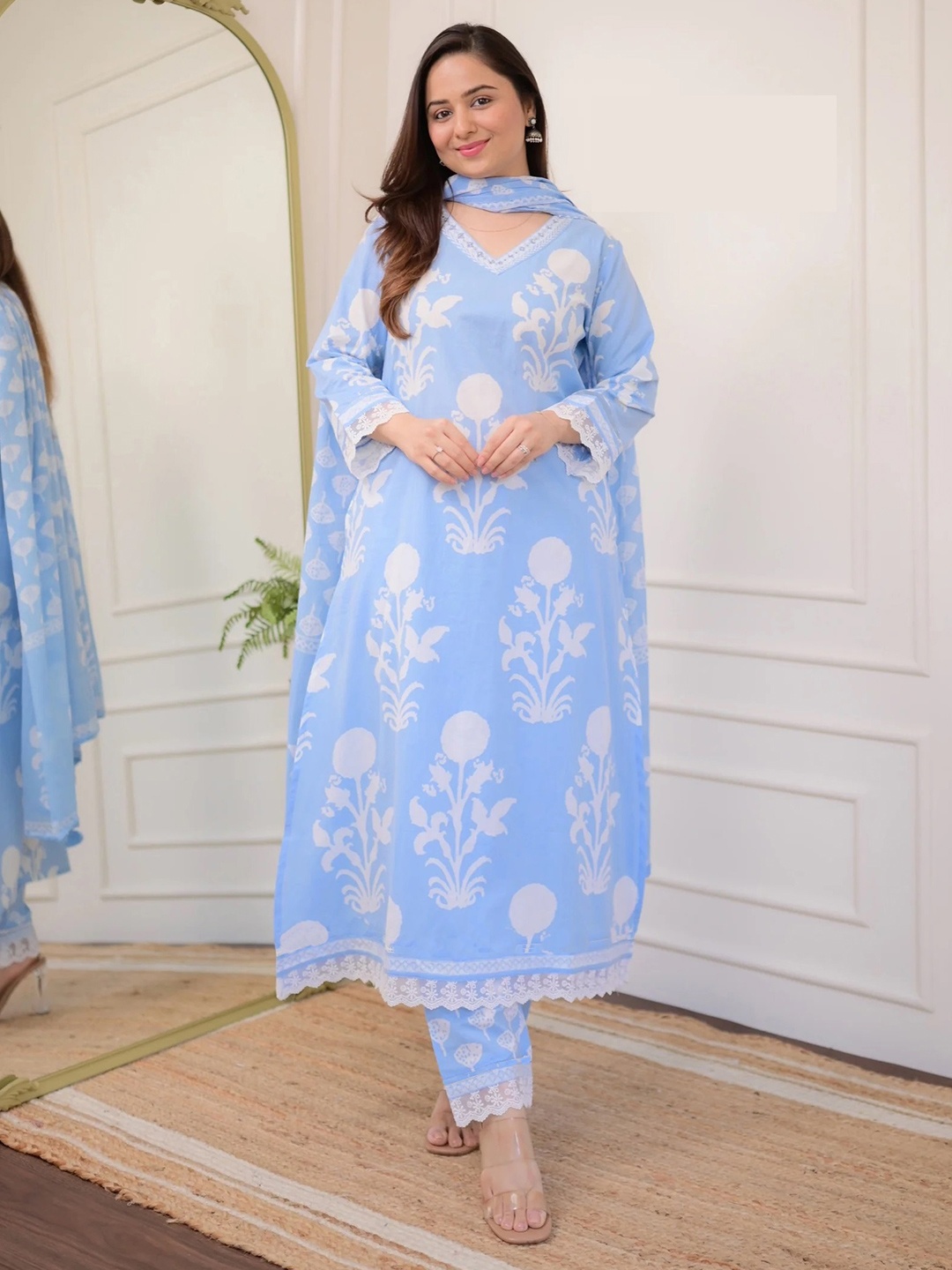 

KALINI Floral Printed V-Neck A-Line Kurta With Trousers & Dupatta, Blue