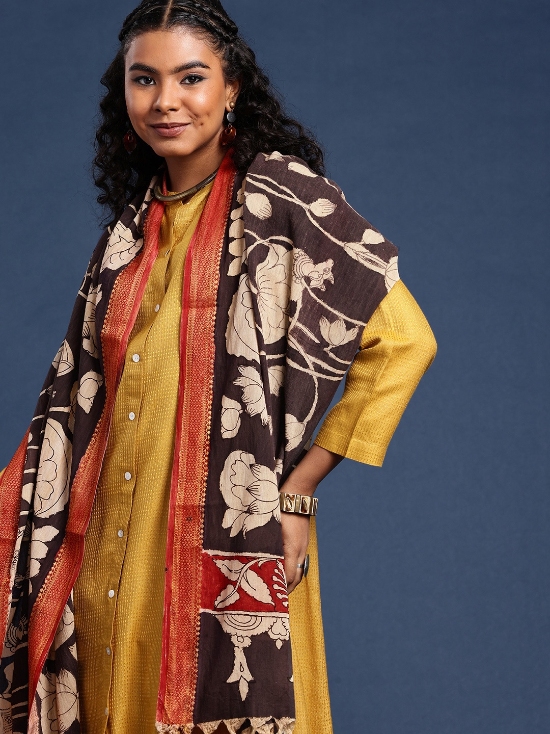 

Taavi Hand Painted Kalamkari Dupatta, Brown