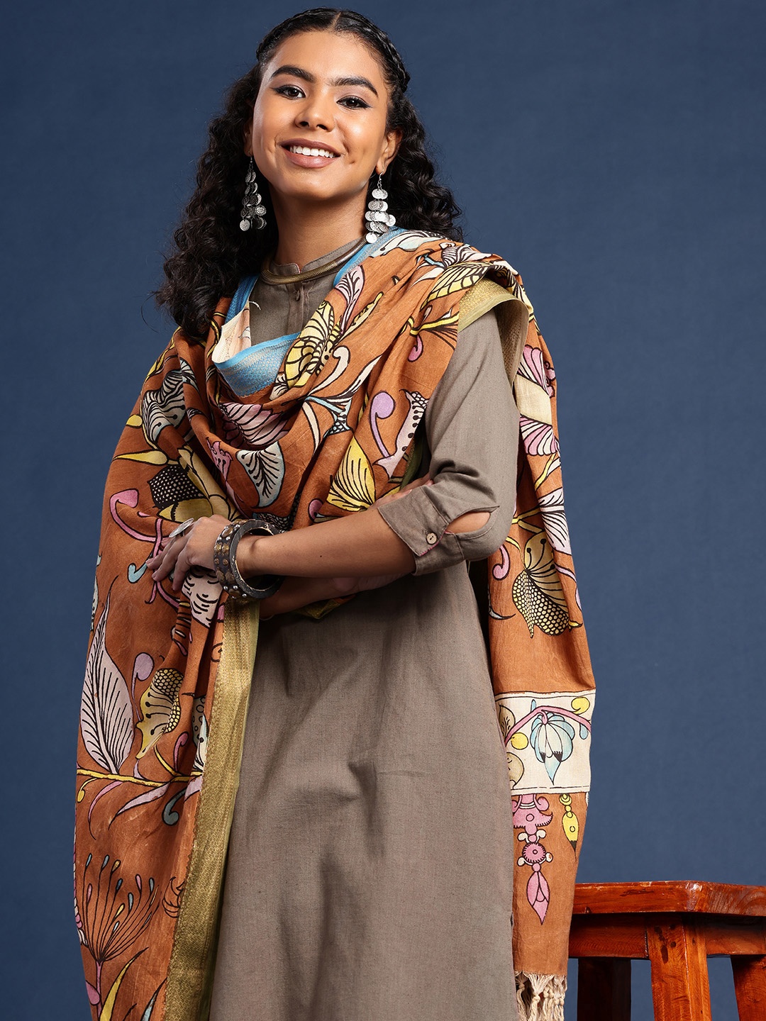 

Taavi Hand Painted Kalamkari Dupatta, Brown