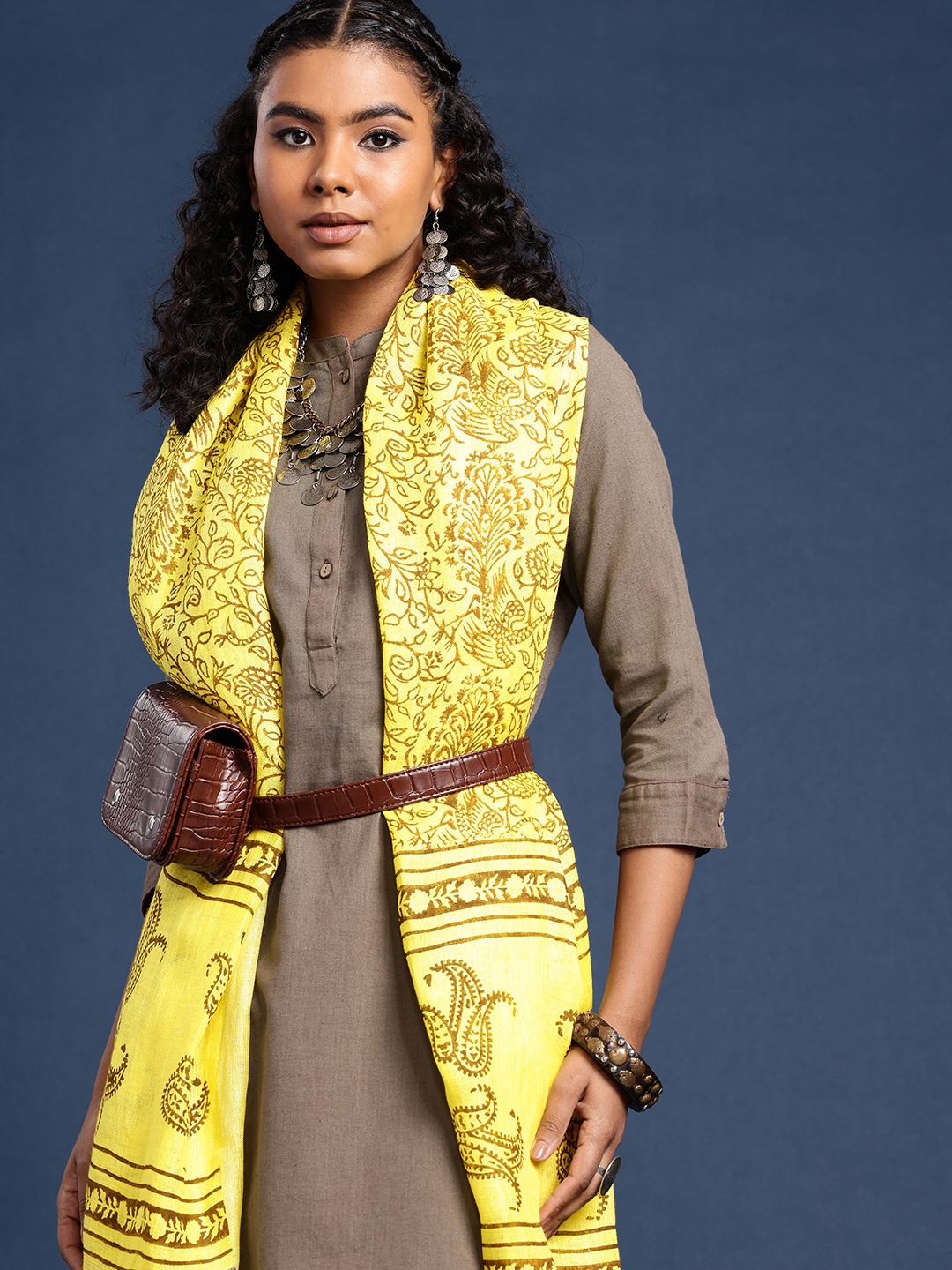 

Taavi Hand Block Printed Linen Dupatta with Zari, Yellow