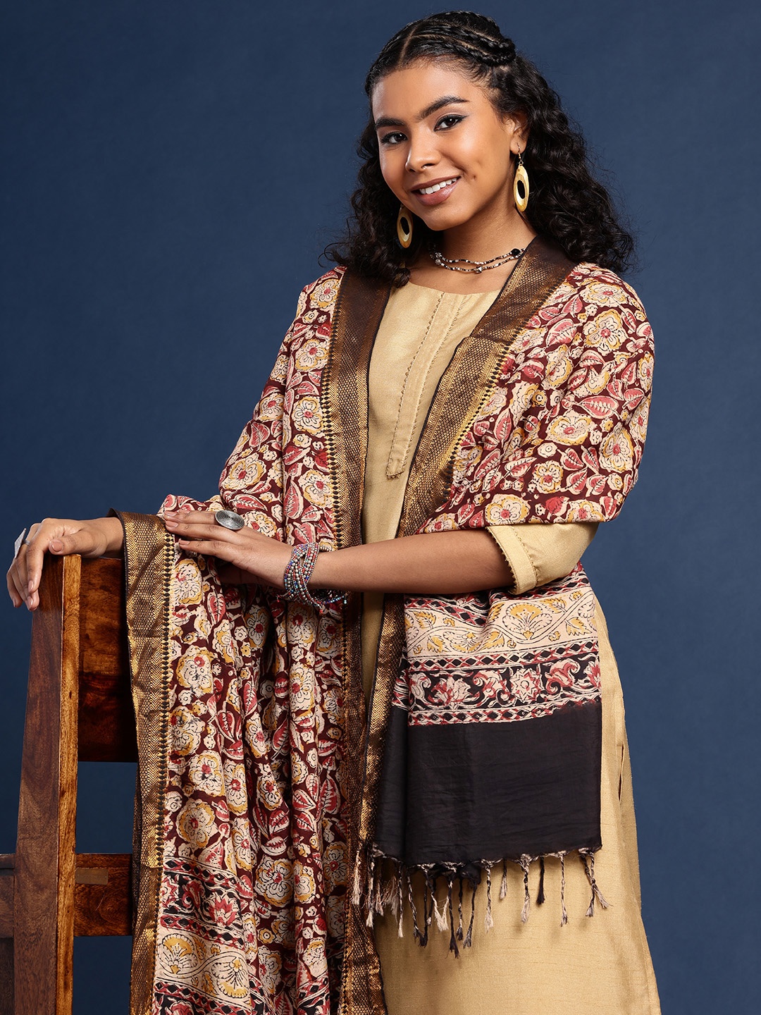 

Taavi Hand Block Printed Kalamkari Dupatta with Zari, Brown