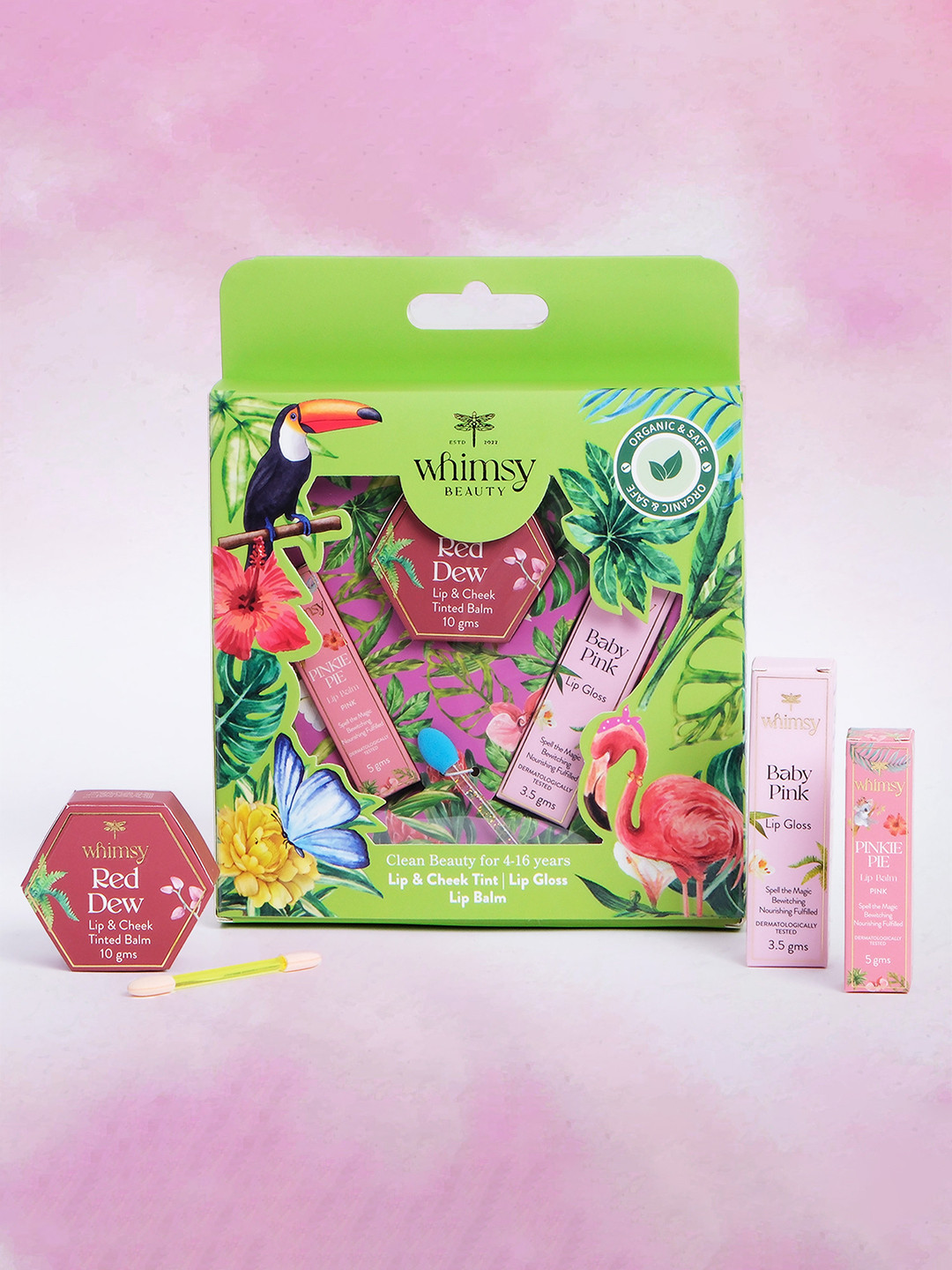 

Whimsy Beauty Set Of 3 Lip Balm, Gloss N Go Lip Gloss & Pink Pie Lip & Cheek Tint Balm Kit, Green