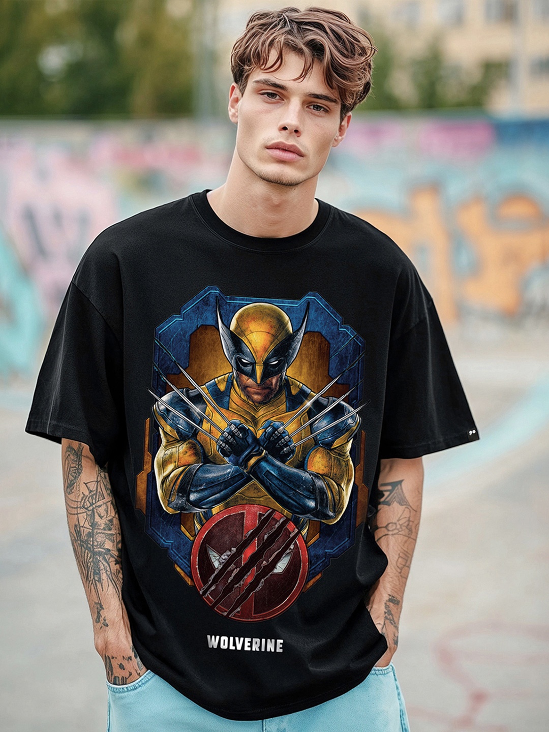 Bewakoof Men Wolverine Graphic Printed Pure Cotton Oversized T-shirt, Black