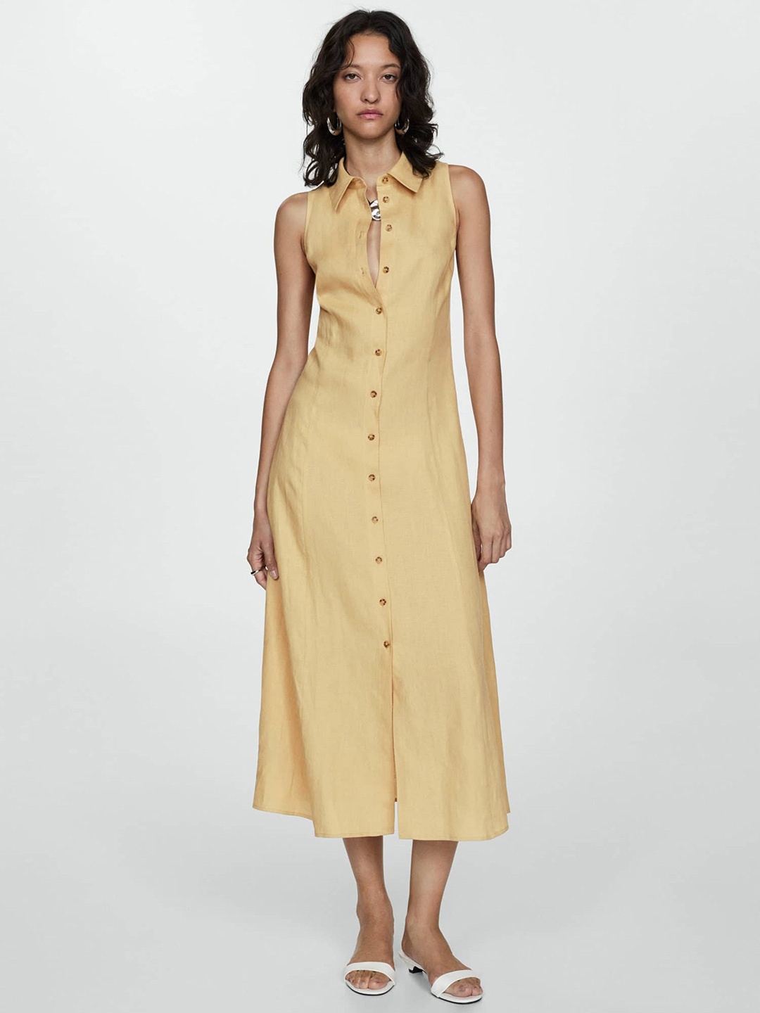 

MANGO Linen Shirt Midi Dress, Khaki