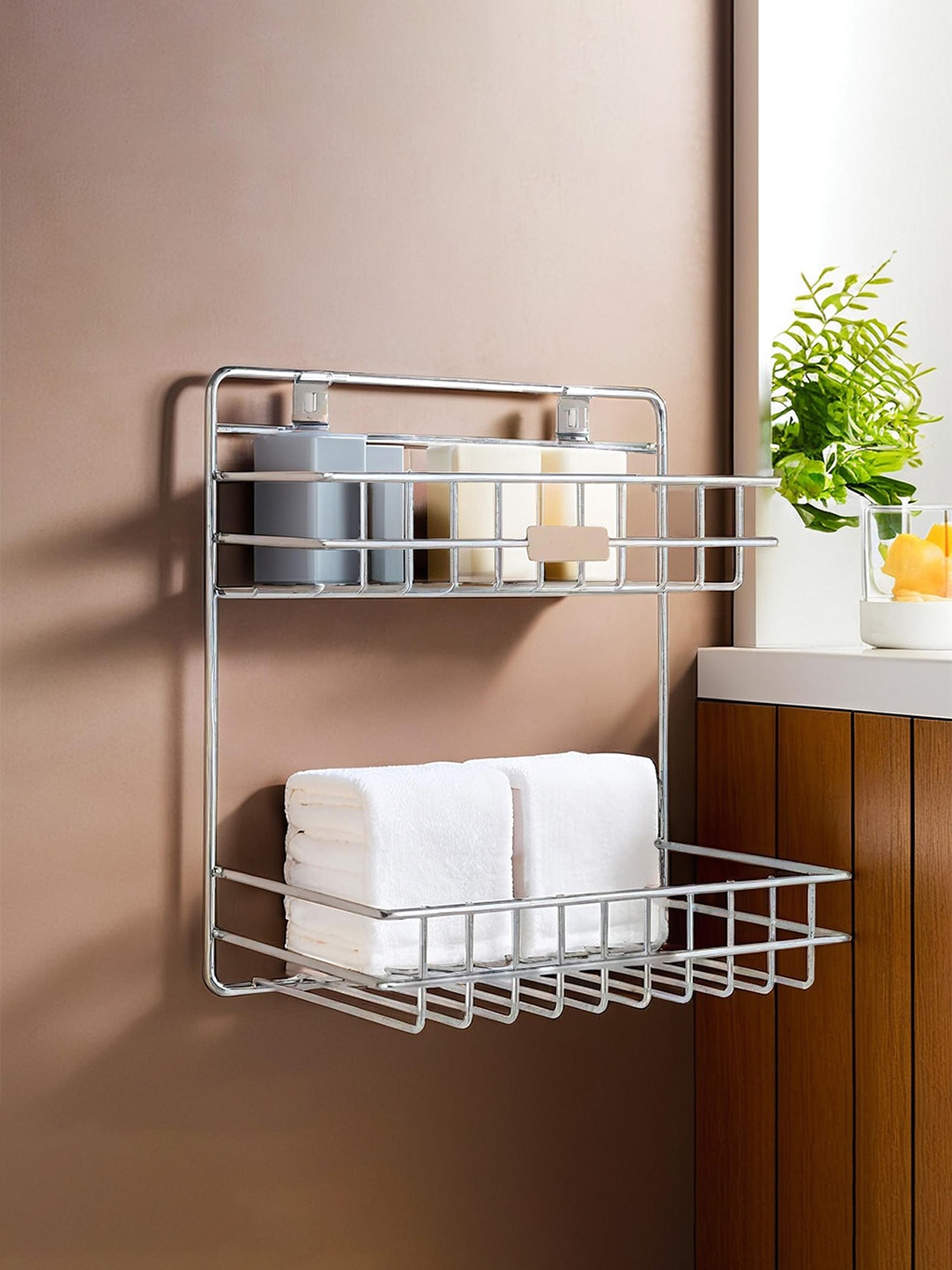 

Kuber Industries Silver-Toned Stainless Steel 2-Layer Shelf for Wall