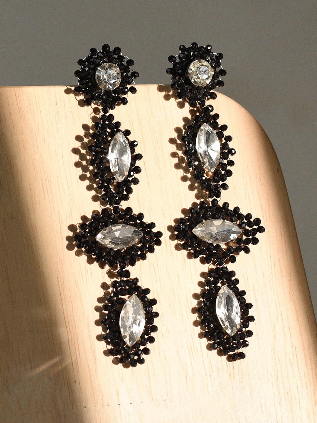 

XPNSV Diamond Shaped Stone Studded & Beaded Drop Earrings, Black