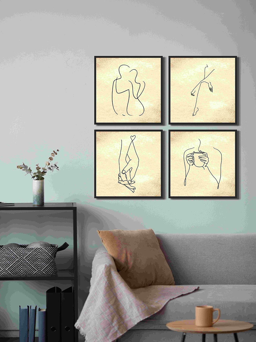 

999Store Beige 4 Pieces Hands Line Face Fiber Framed Canvas Painting Wall Art