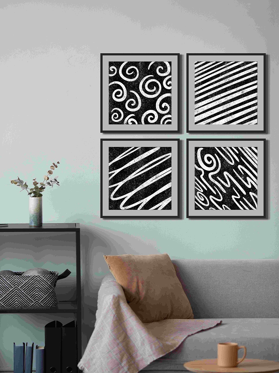 

999Store Black & White 4 Pieces Stripe Line Art Fiber Framed Canvas Painting Wall Art