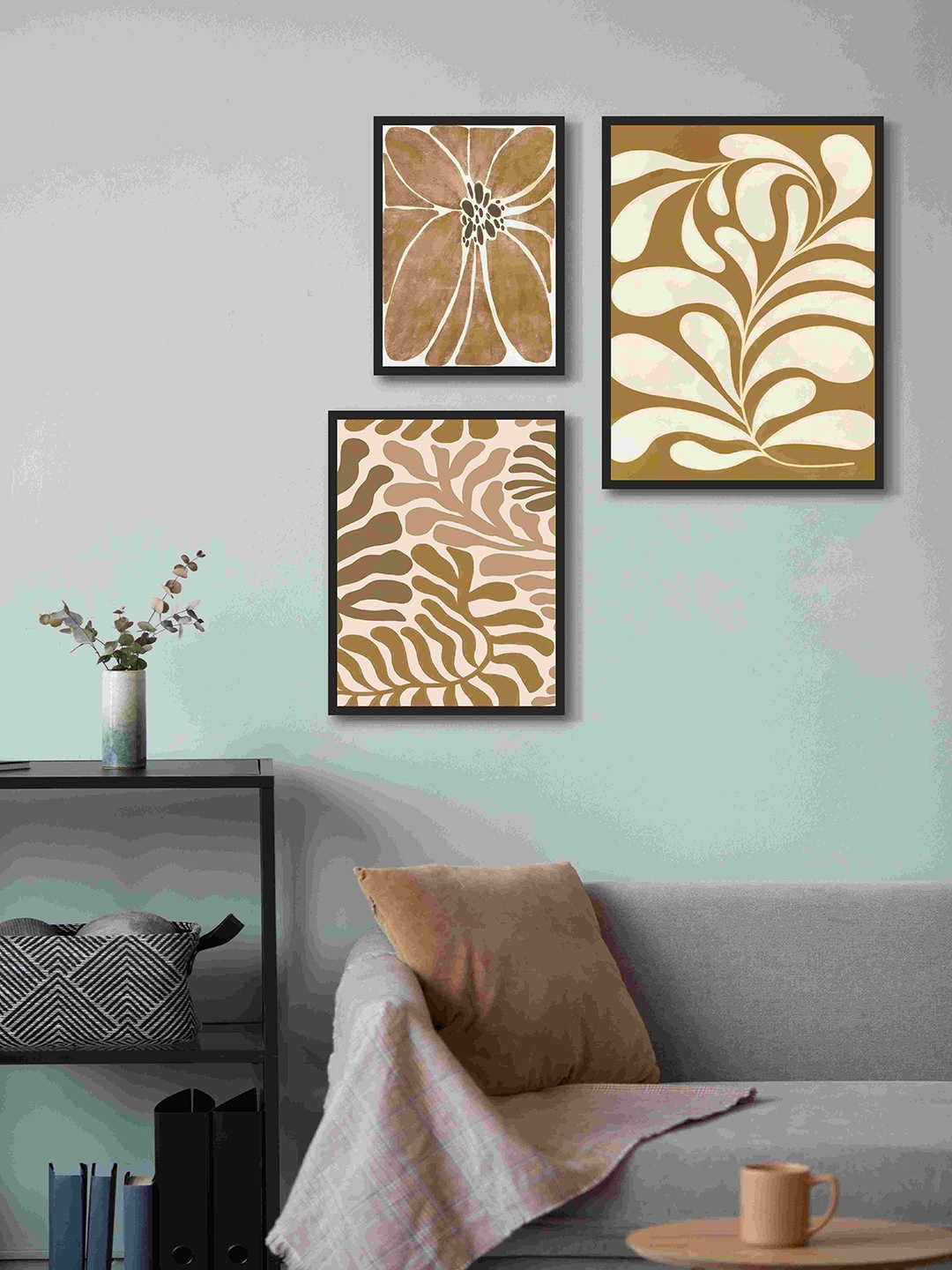 

999Store Brown & Beige 3 Pieces Floral and Botanical Fiber Framed Canvas Painting Wall Art
