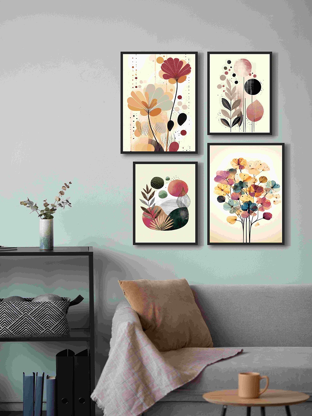 999Store Brown 4 Pieces Floral and Botanical Fiber Framed Canvas Painting Wall Art