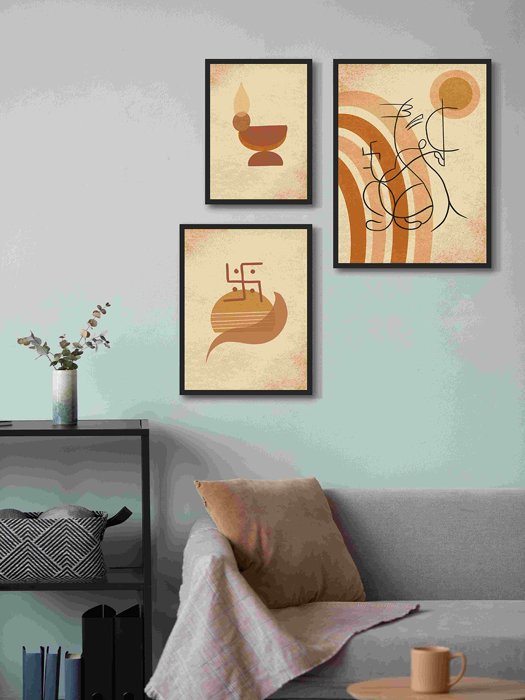

999Store Beige & Brown 3 Pieces Religious Fiber Framed Canvas Painting Wall Art