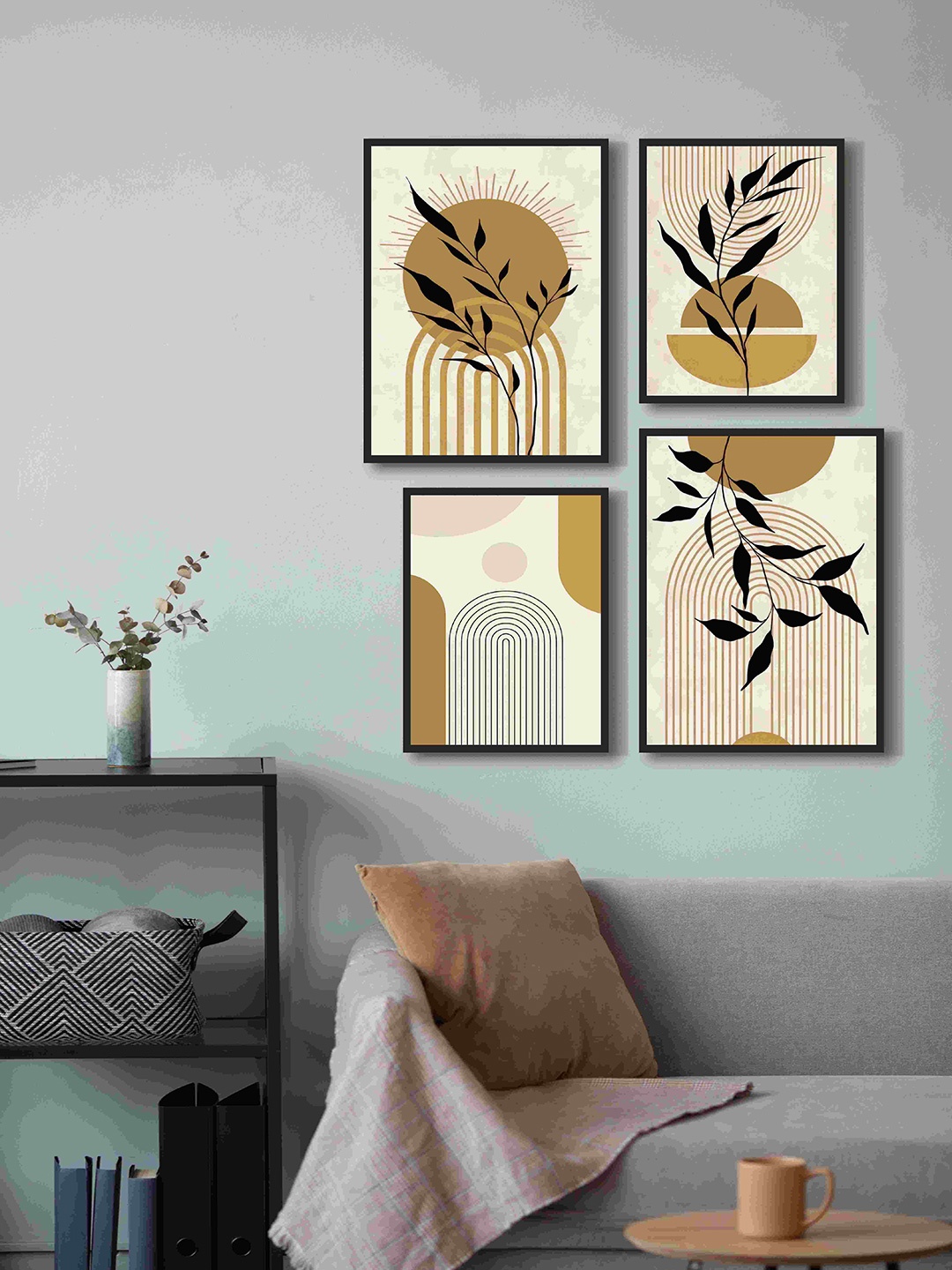 

999Store Gold-Toned & White 4 Pieces Geometric Fiber Framed Canvas Painting Wall Art