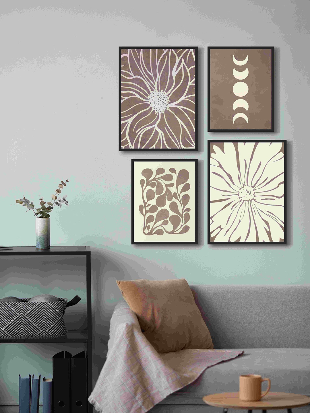 

999Store Brown 4 Pieces Floral and Botanical Fiber Framed Canvas Painting Wall Art