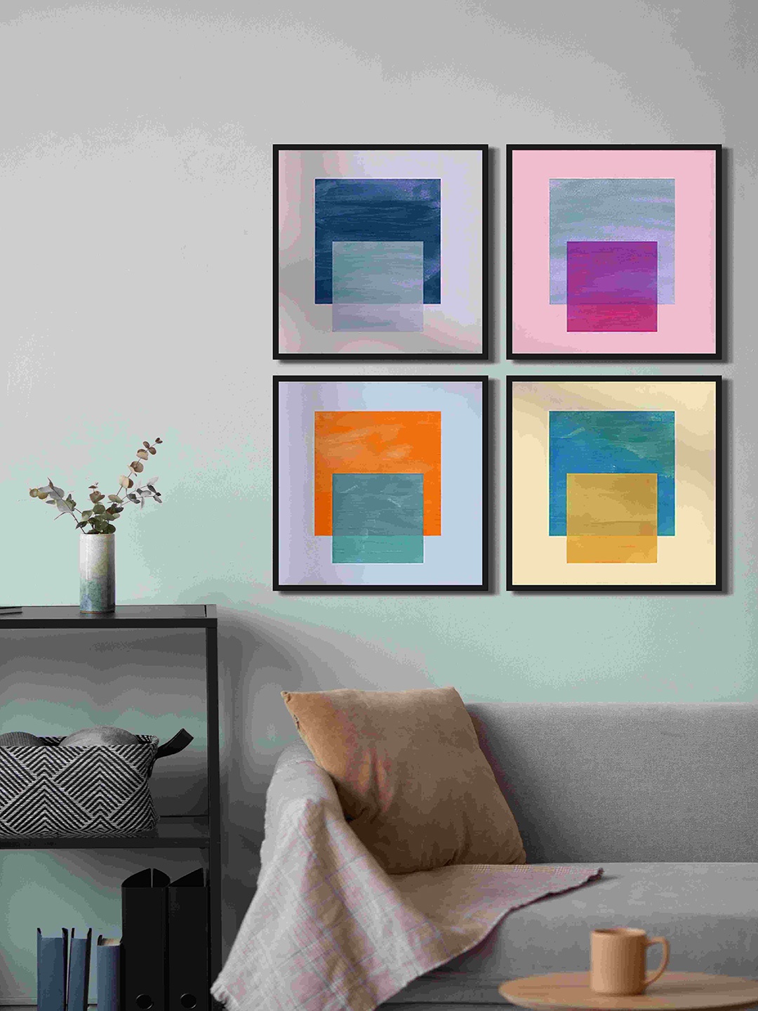 

999Store Grey & Blue 4 Pieces Geometric Fiber Framed Canvas Painting Wall Art