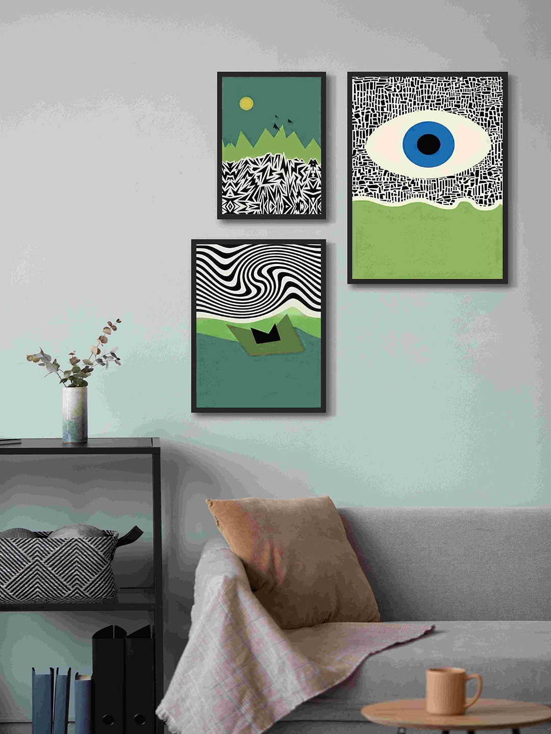 

999Store White & Green 3 Pieces Abstract Fiber Framed Canvas Painting Wall Art