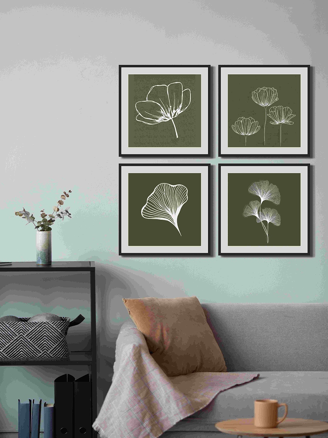 

999Store Green & White 4 Pieces Floral and Botanical Fiber Framed Canvas Painting Wall Art