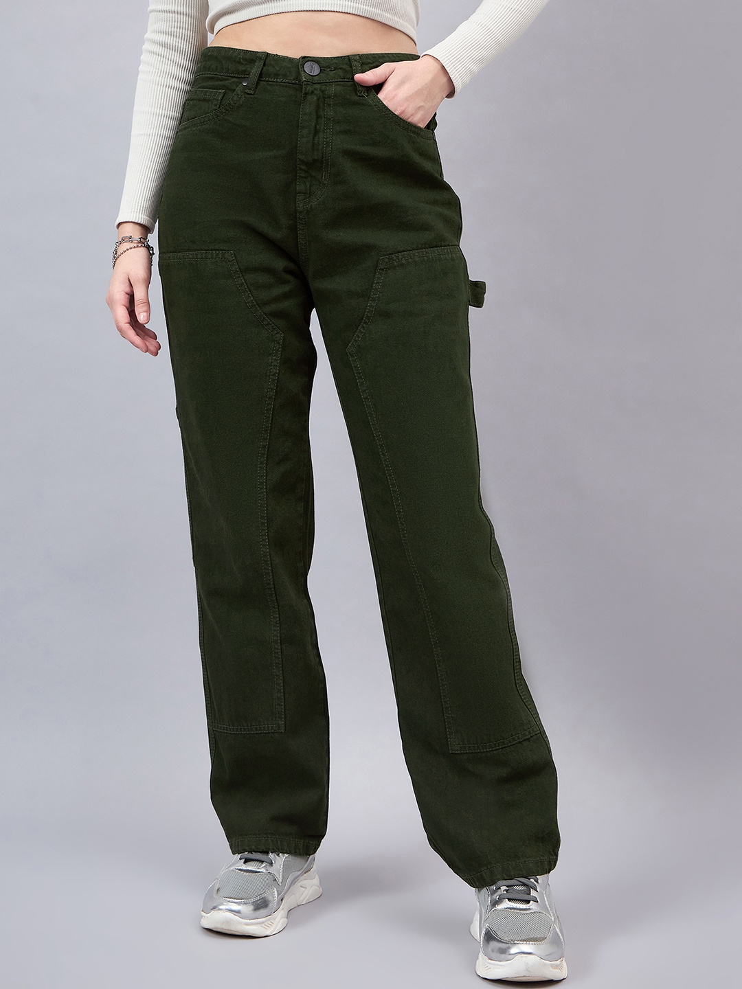 

Style Quotient Women Comfort Relaxed Fit High Rise Cotton Jeans, Olive