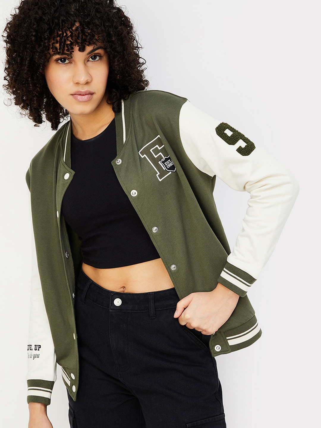 

max Women Colourblocked Polyester Crop Varsity Jacket with Patchwork, Green
