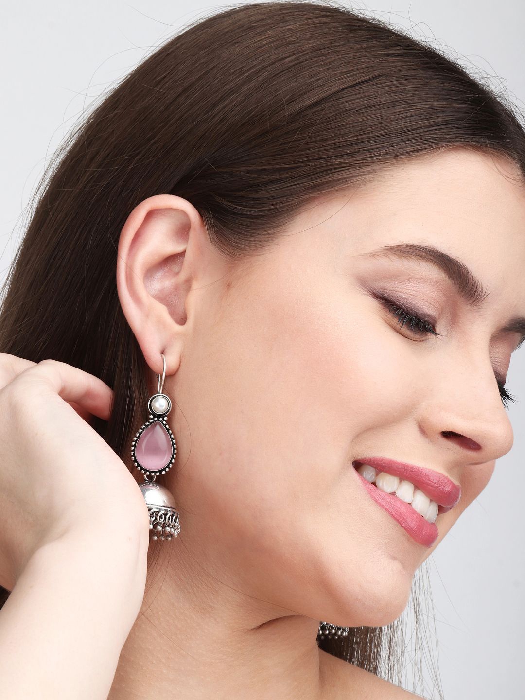

Anvik Silver Plated Artificial Stones Jhumkas