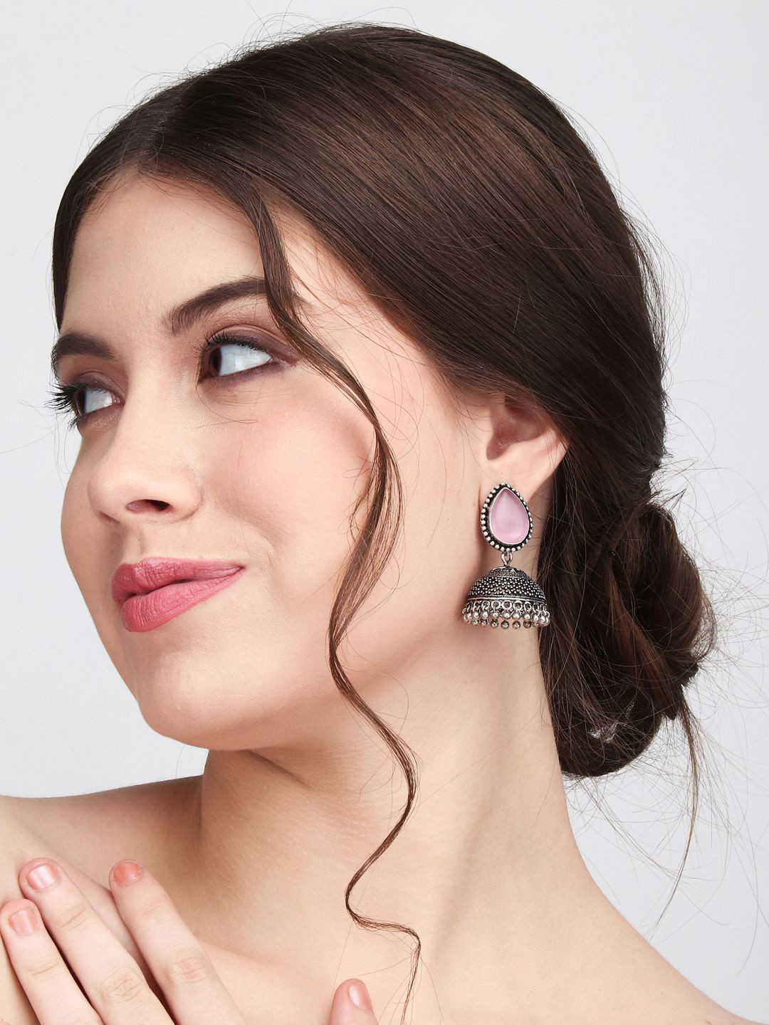 

Anvik Silver Plated Artificial Stones Jhumkas