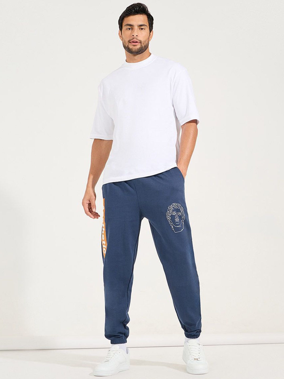 

Styli Men Oversized Fit Varsity Print Joggers, Navy blue