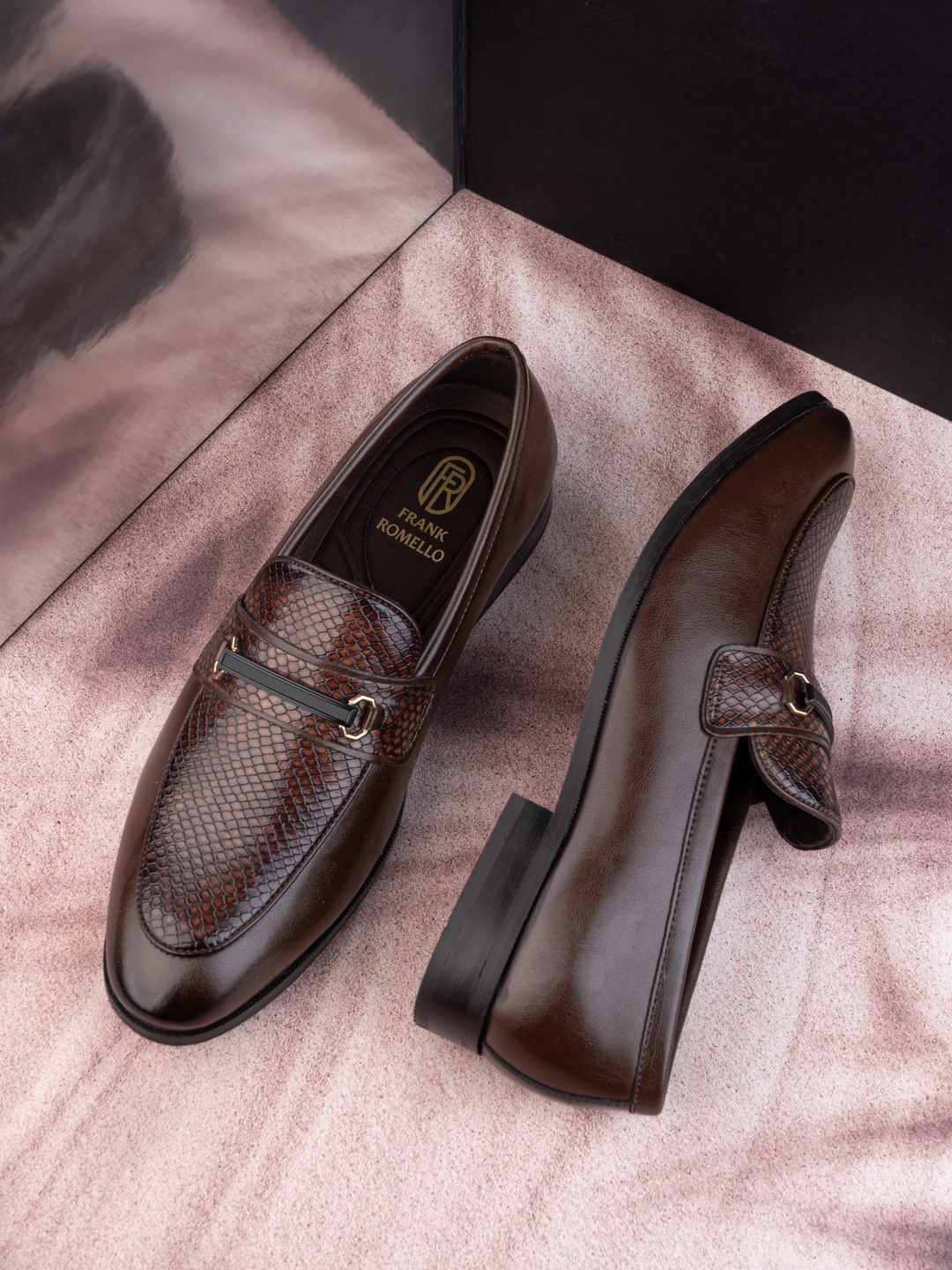 

FRANKROMELLO Men Leather Formal Loafers, Brown
