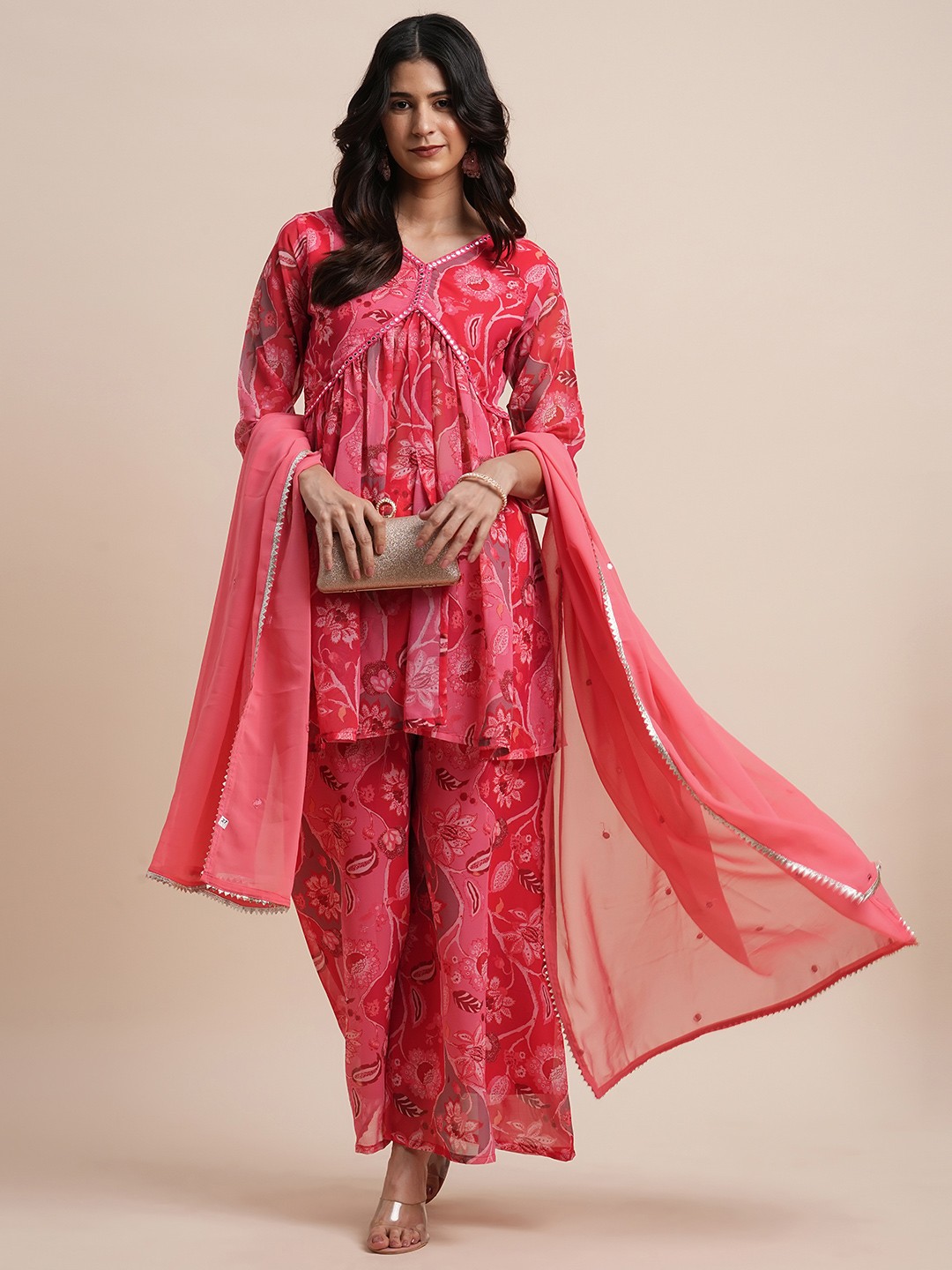 

BAPS Floral Printed Silk Chiffon Mirror Work Straight Kurti With Palazzo & Dupatta, Peach