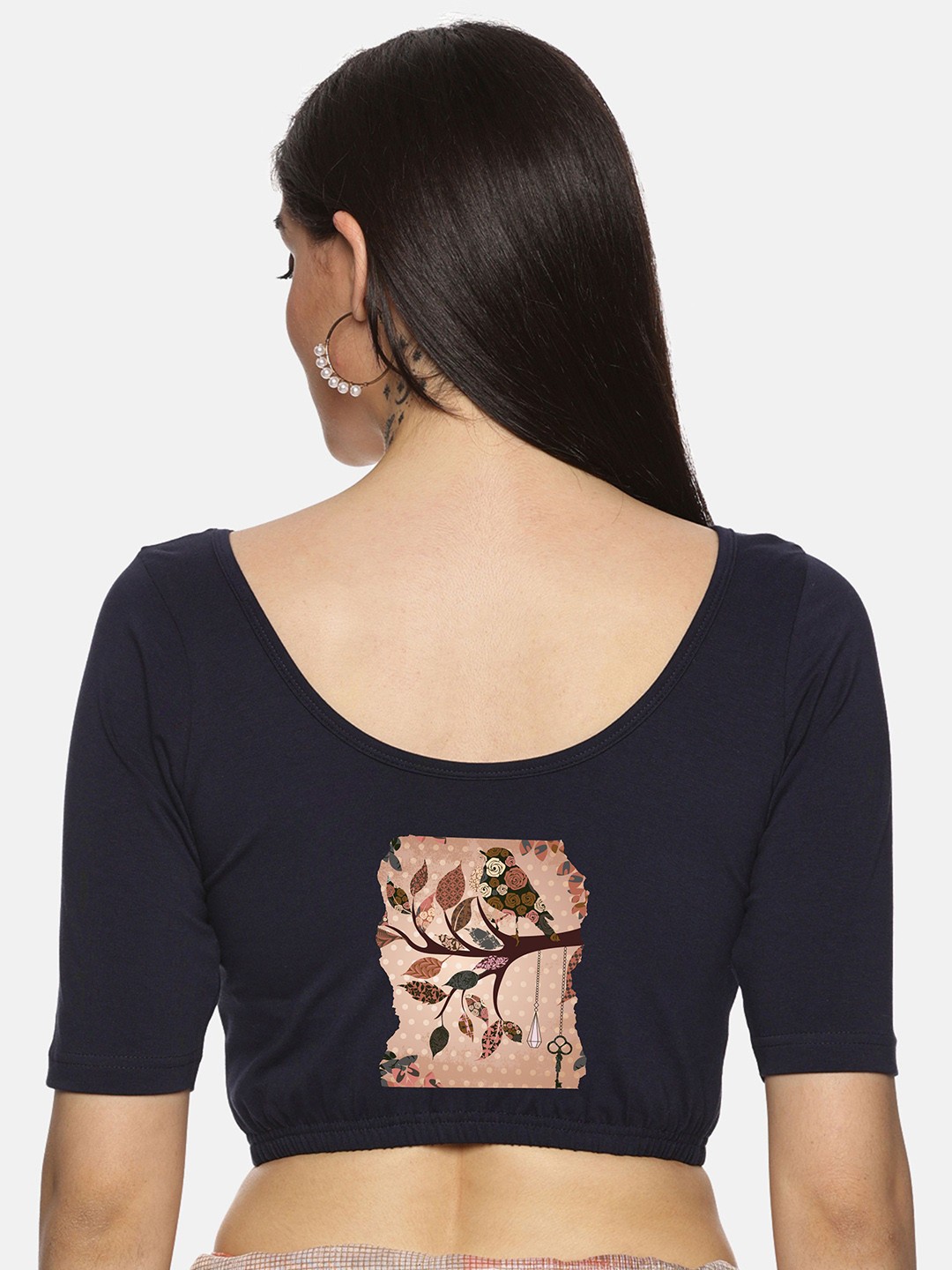 

NOT YET by us Printed Short Sleeve Round Neck Cotton Saree Blouse, Navy blue