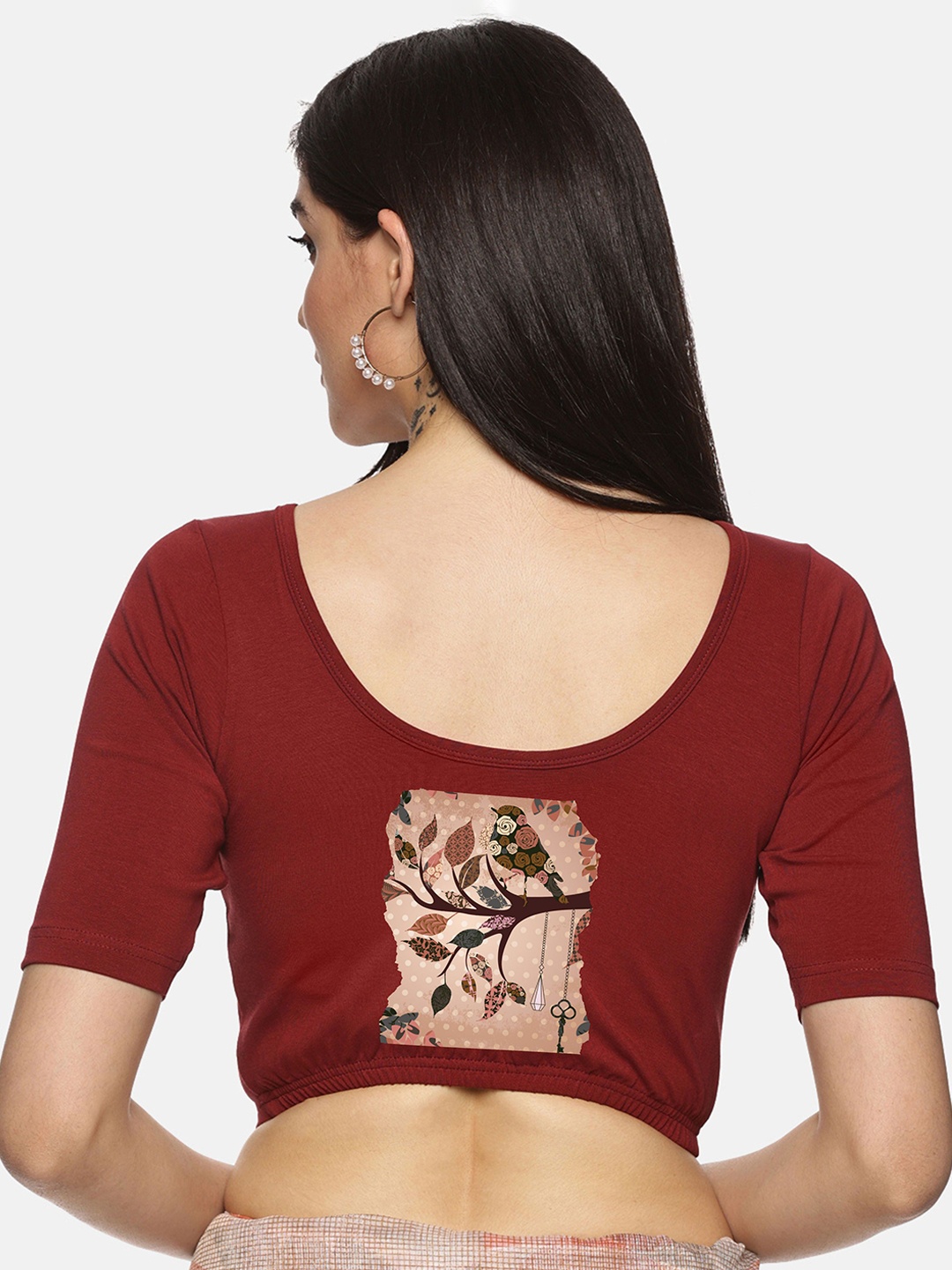 

NOT YET by us Printed Short Sleeve Round Neck Saree Blouse, Maroon