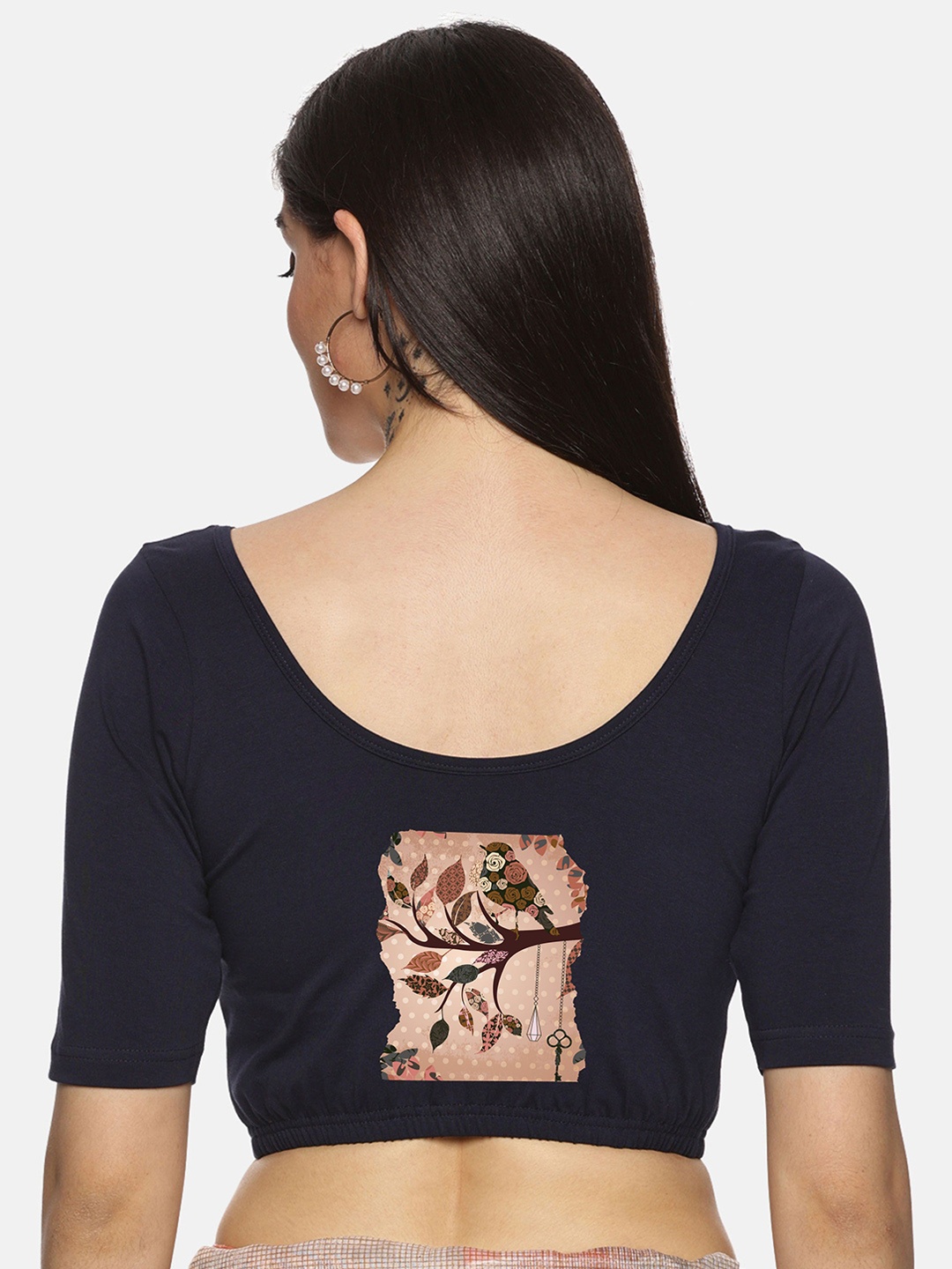 

NOT YET by us Printed Short Sleeve Round Neck Saree Blouse, Navy blue