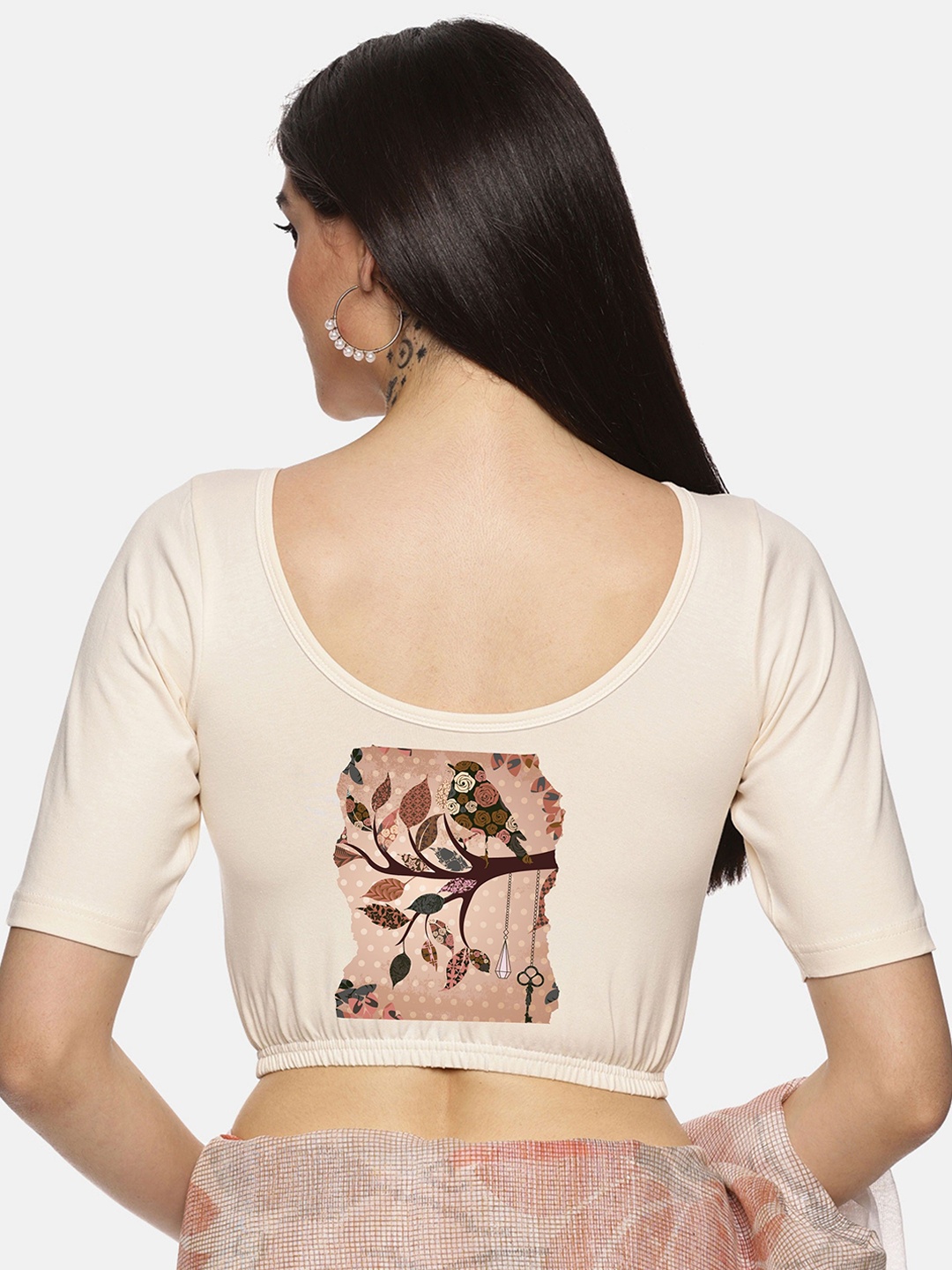 

NOT YET by us Printed Short Sleeve Round Neck Saree Blouse, Cream