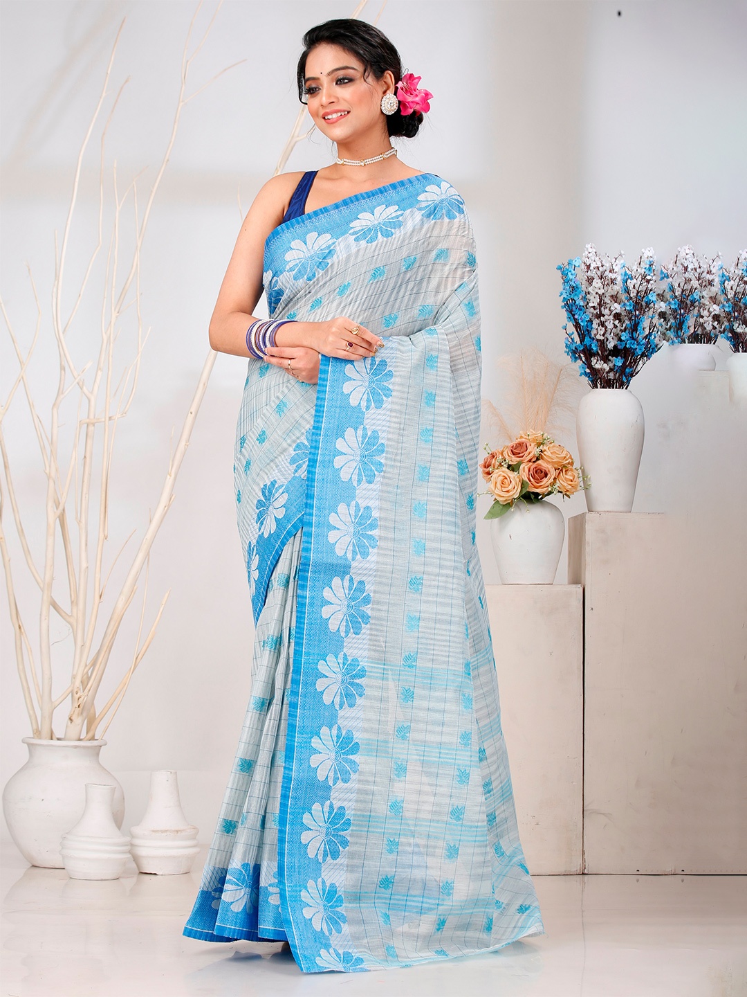 

PuJoy Ethnic Motifs Pure Cotton Taant Saree, Blue