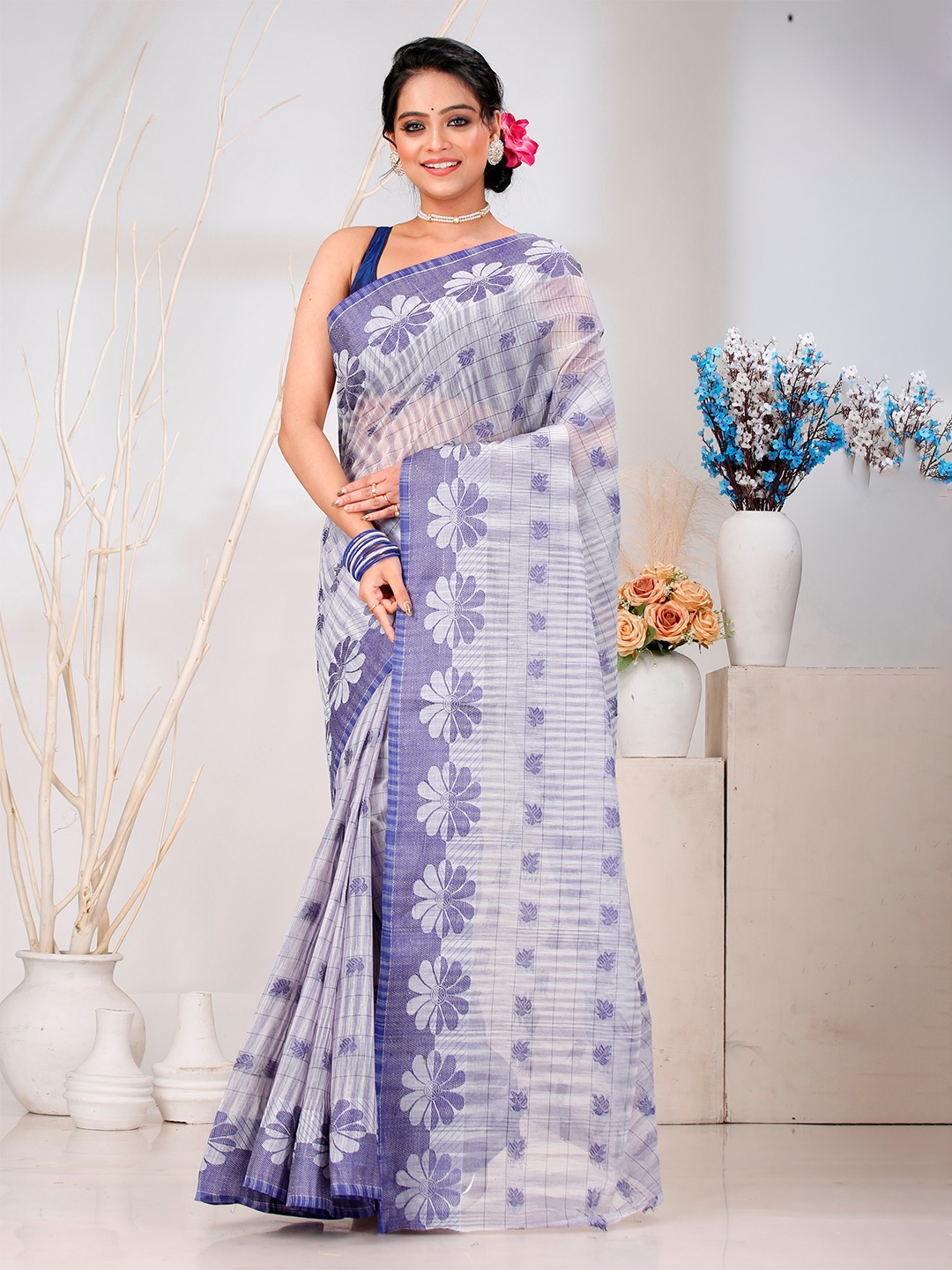

PuJoy Floral Pure Cotton Taant Saree, Purple