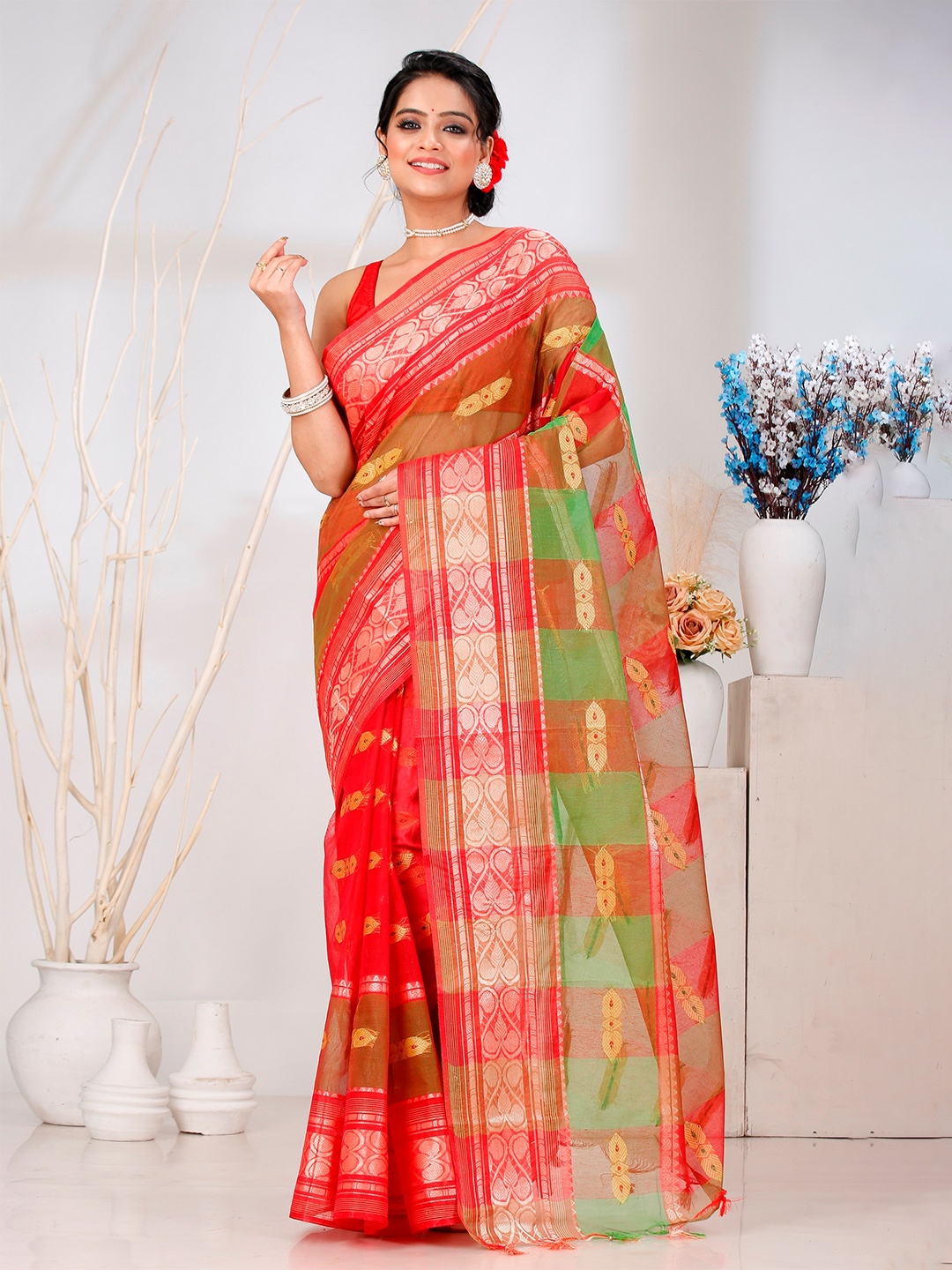 

PuJoy Woven Design Zari Pure Cotton Taant Saree, Red