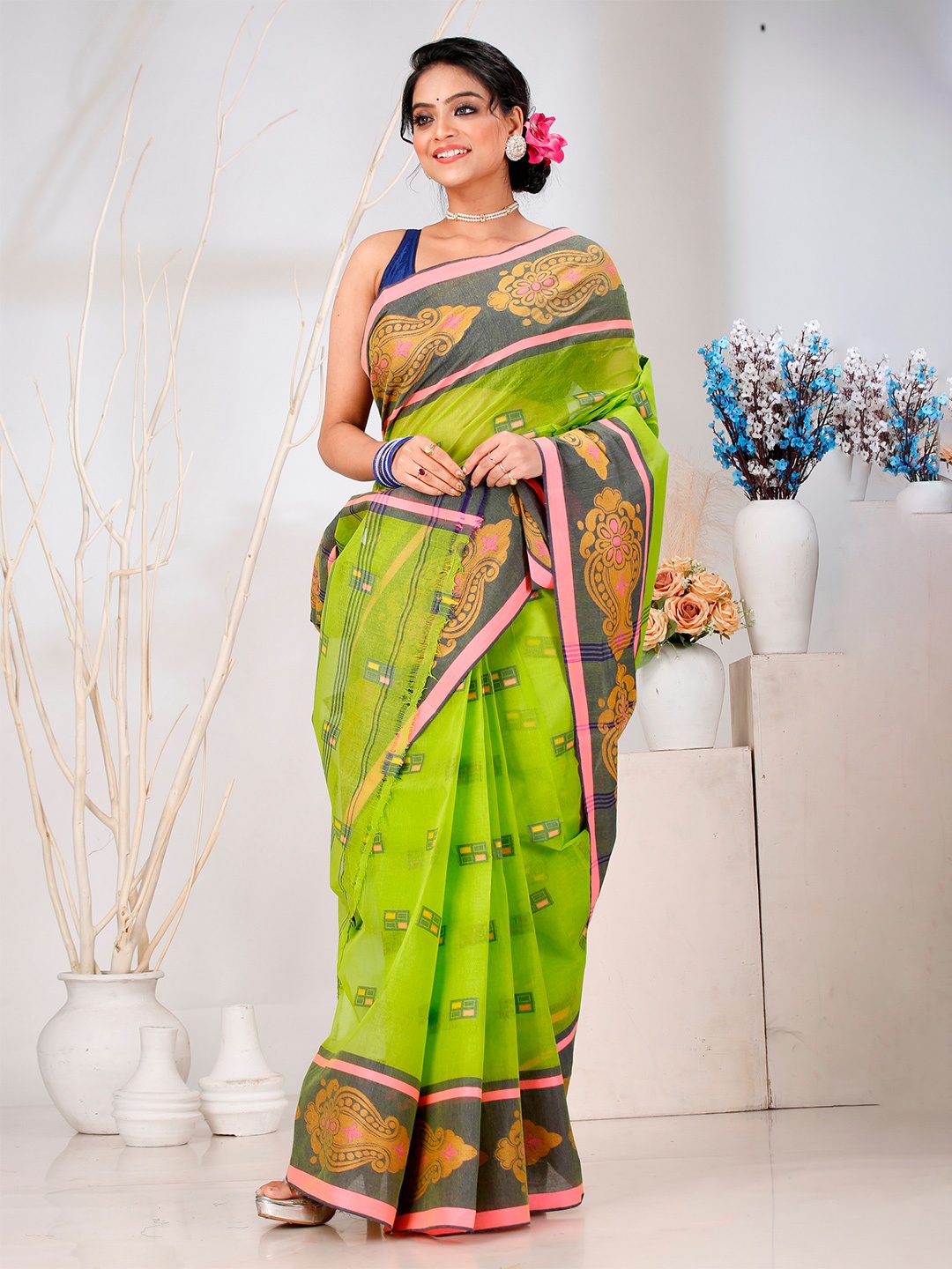 

PuJoy Ethnic Motifs Pure Cotton Taant Saree, Green