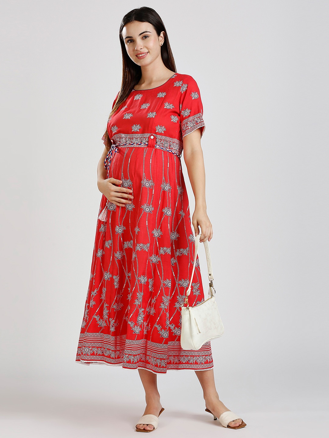 

DUMMY SHAPE Floral Printed Round Neck Maternity A-Line Ethnic Dress, Pink