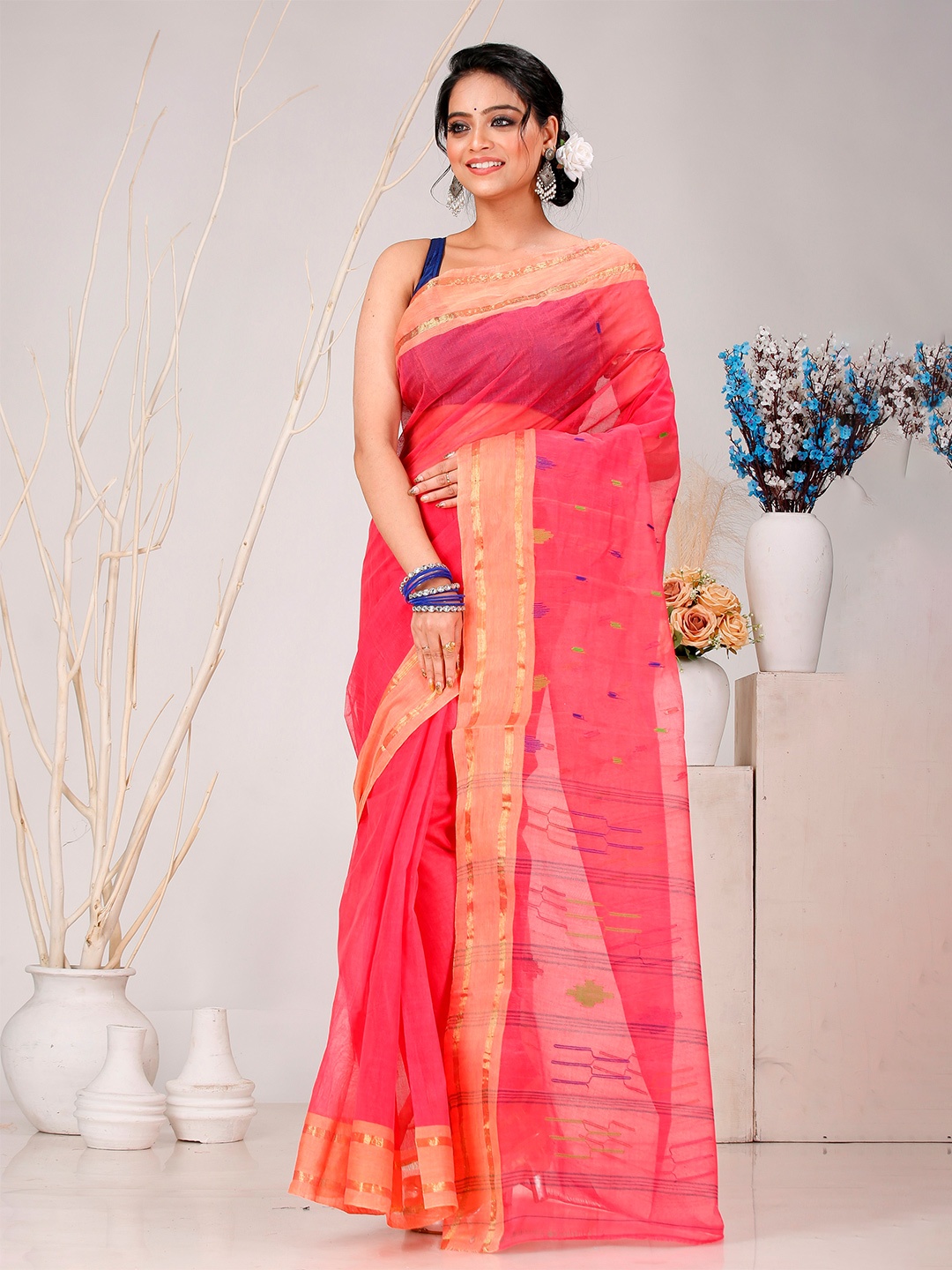 

PuJoy Pure Cotton Handloom Taant Saree, Pink