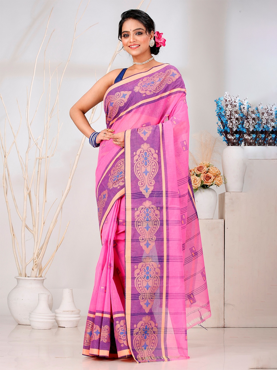 

PuJoy Ethnic Motifs Pure Cotton Handloom Taant Saree, Pink