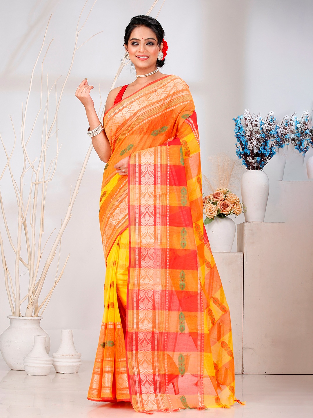 

PuJoy Woven Design Zari Pure Cotton Taant Saree, Yellow