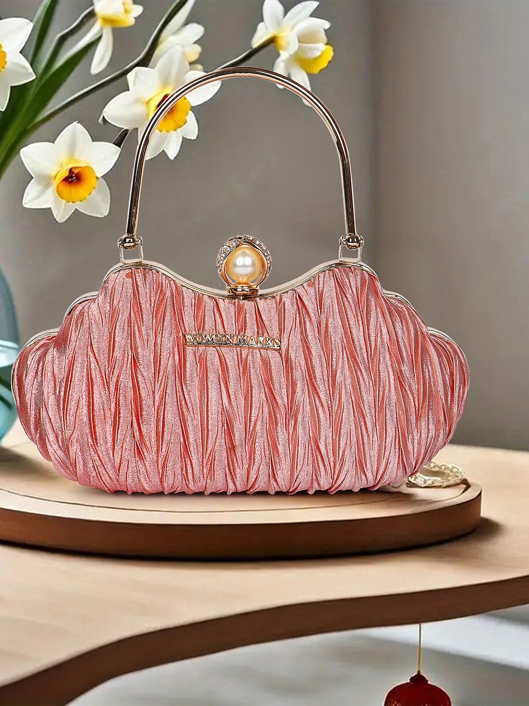 

WOMEN MARKS Textured Box Clutch, Peach