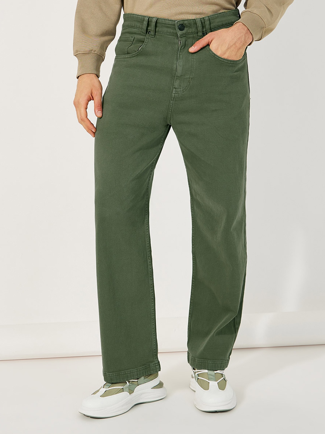 

Men Olive 5 Pocket Wide Leg Overdyed Wash Jeans