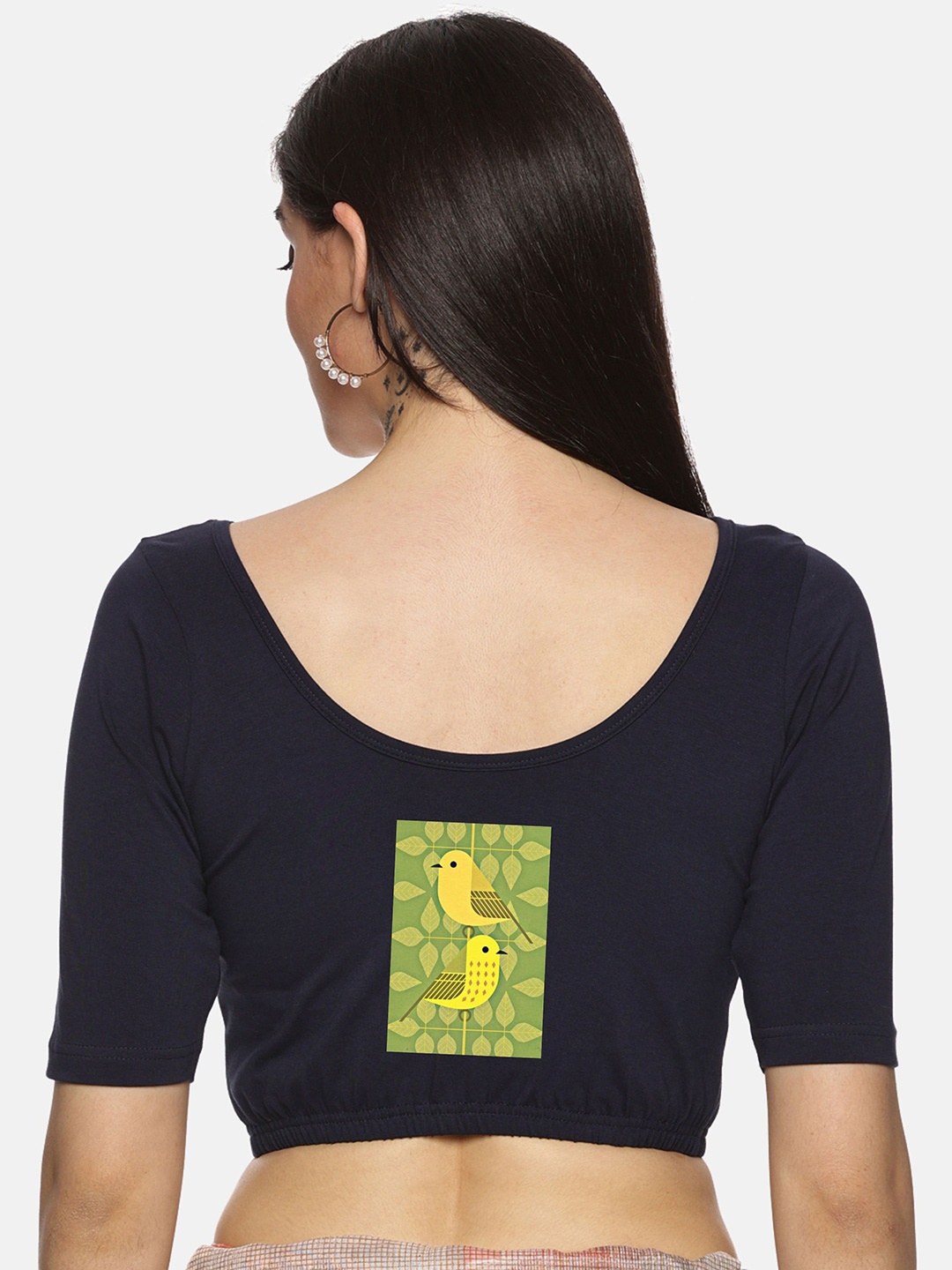 

NOT YET by us Printed Round Neck Stretchable Saree Blouse, Navy blue