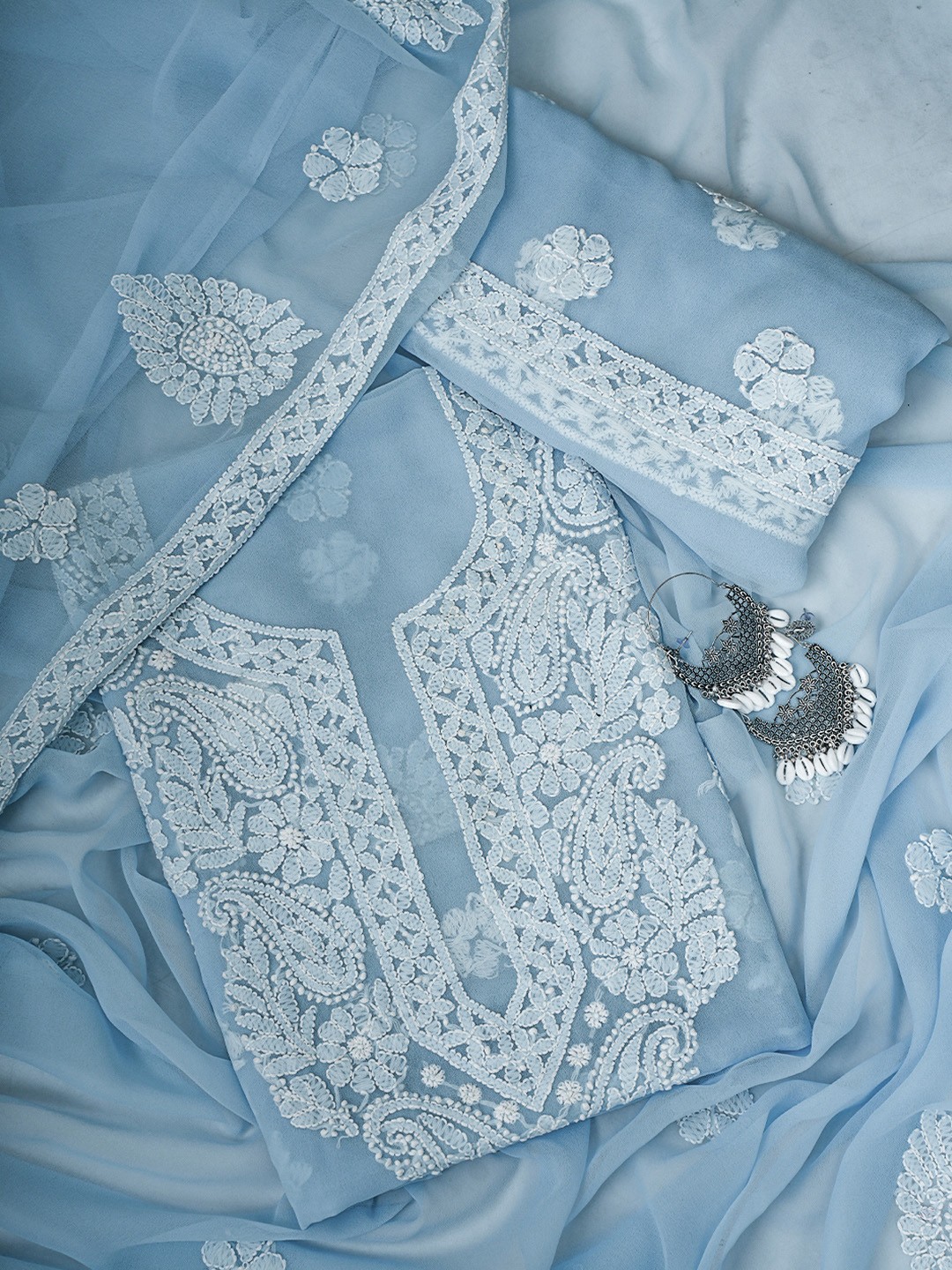 

ADA Floral Embroidered Lucknowi Chikankari Unstitched Dress Material, Blue