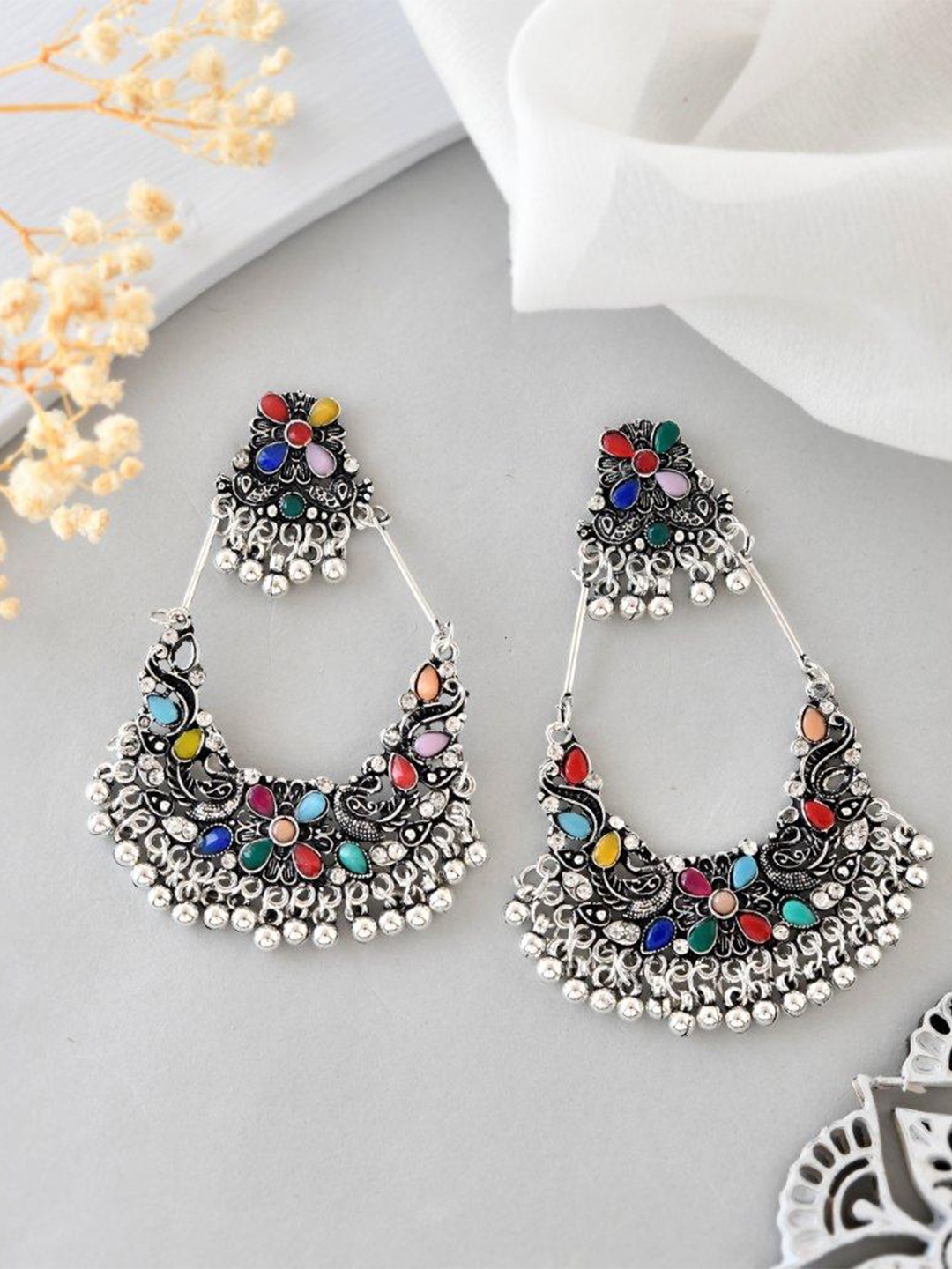 

VOJ Stainless Steel Silver Plated Peacock Shaped Stones Studded Oxidized Chandbalis