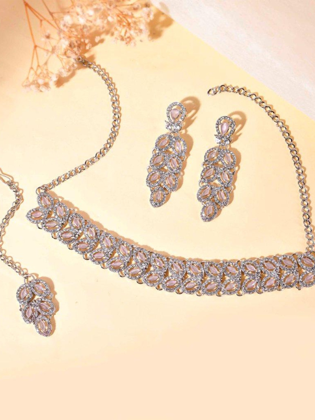 

VOJ Silver-Plated American Diamond Studded Jewellery Set