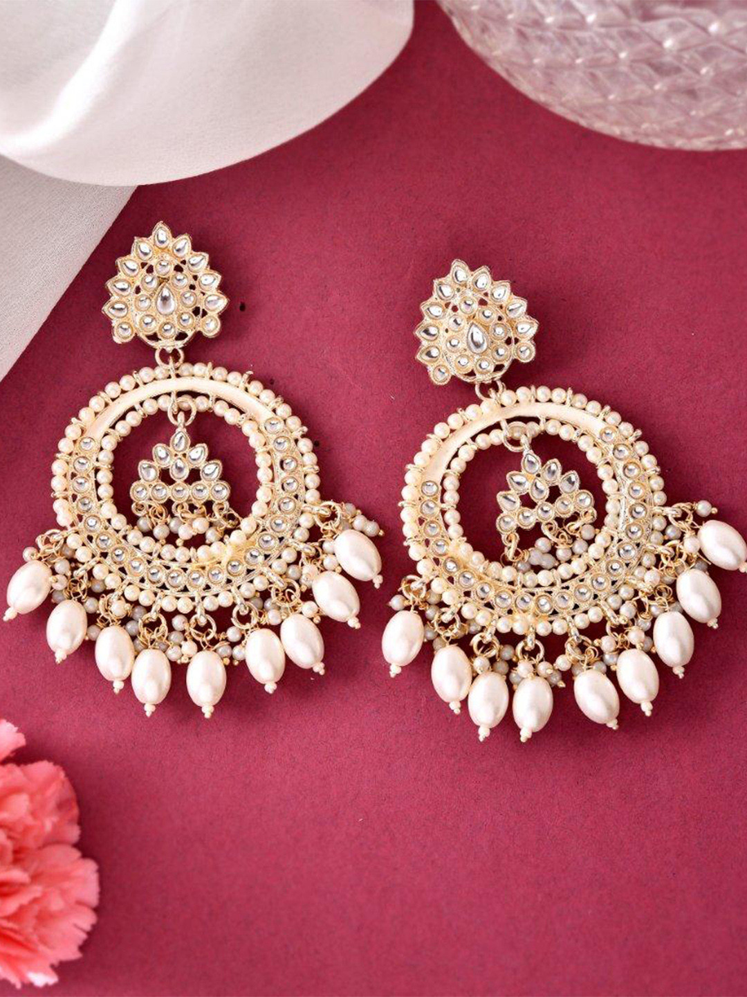 

VOJ Stainless Steel Gold Plated Kundan Studded & Beaded Chandbalis