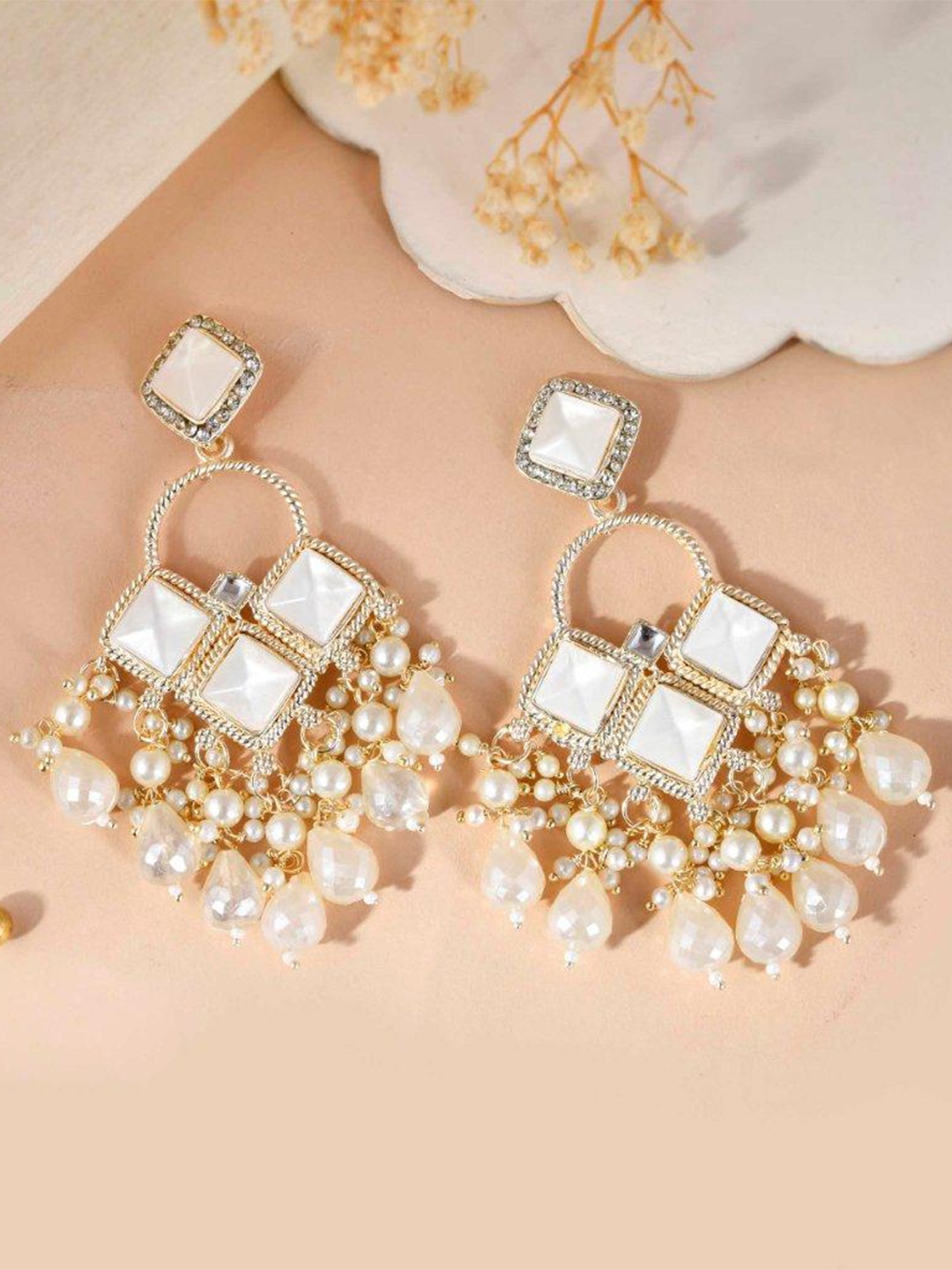 

VOJ Stainless Steel Gold Plated Stones Studded & Beaded Geometric Shaped Drop Earrings